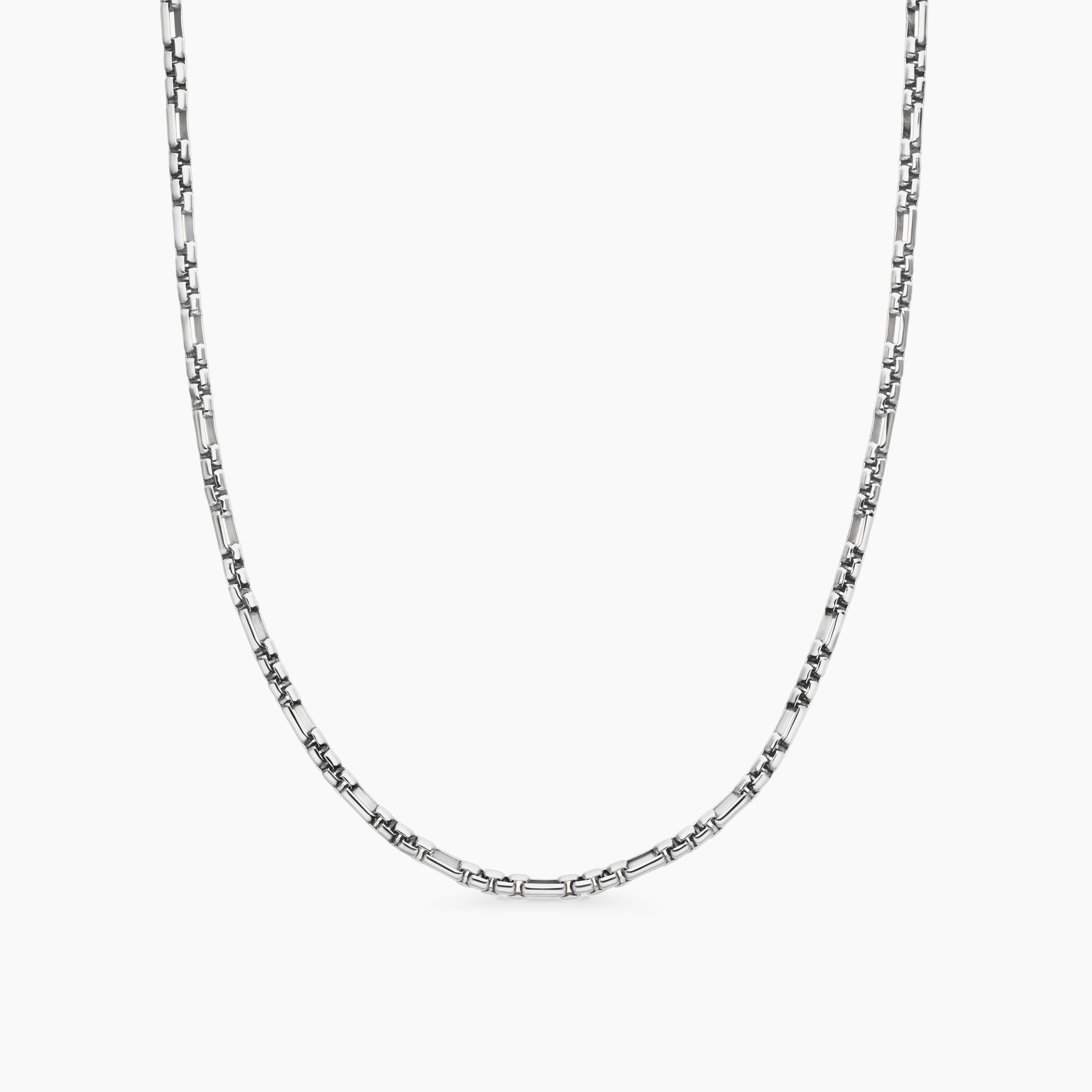 Mens Open Station Box Chain Necklace in Sterling Silver, 3mm