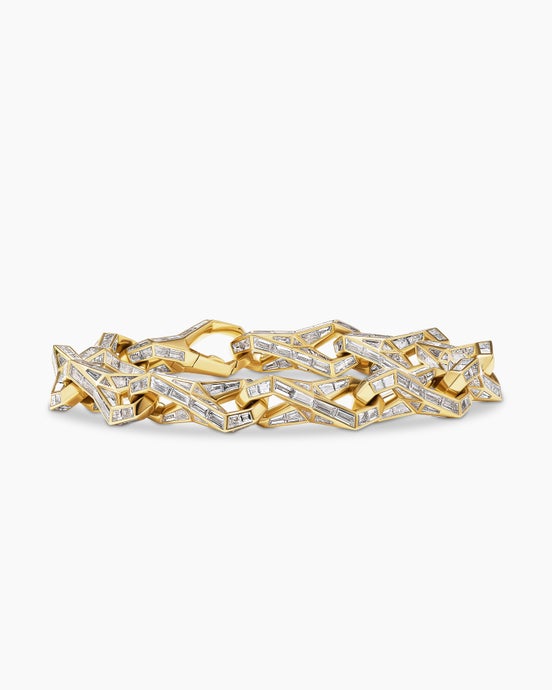 Pavé Faceted Chain Link Bracelet in Yellow Gold with Baguette Diamonds