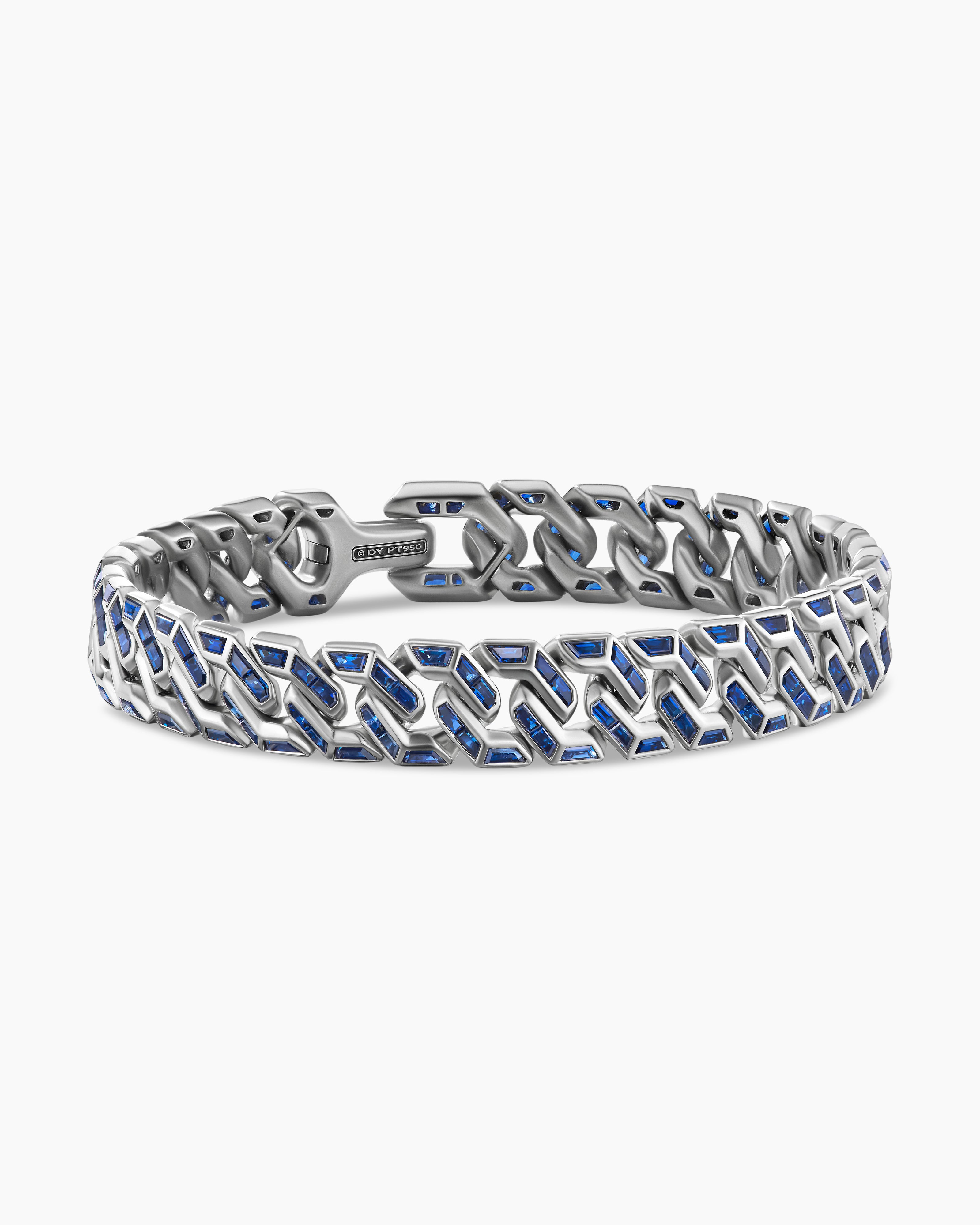 Mens Angular Curb Chain Bracelet in Platinum with Baguette Sapphires ...