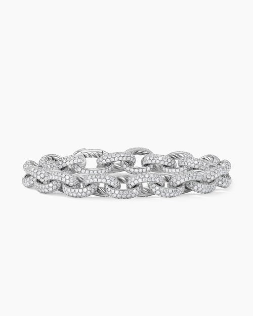 Mens Pavé Oval Link Chain Bracelet in White Gold