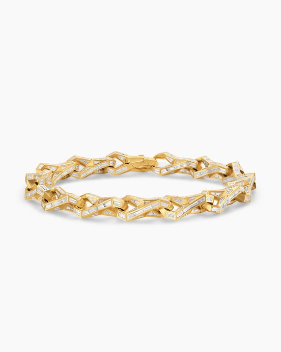 Pavé Faceted Chain Link Bracelet in Yellow Gold with Baguette Diamonds