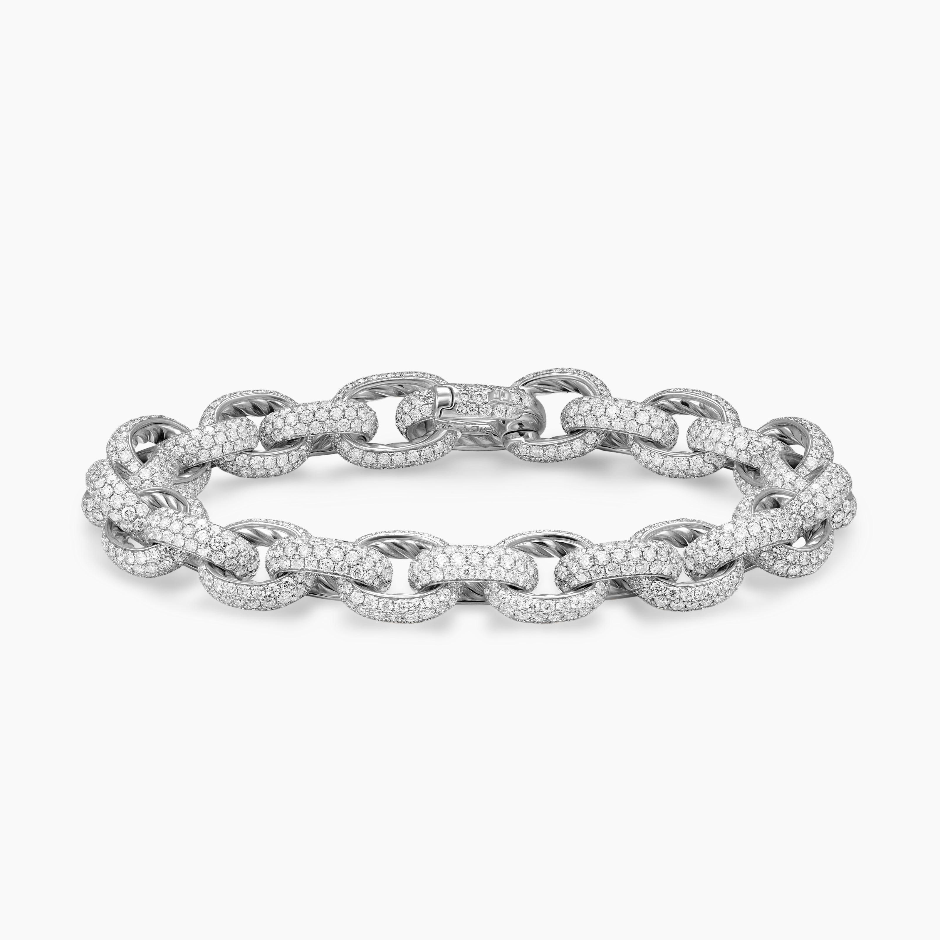 Mens Pav&eacute; Oval Chain Bracelet in White Gold with Diamonds