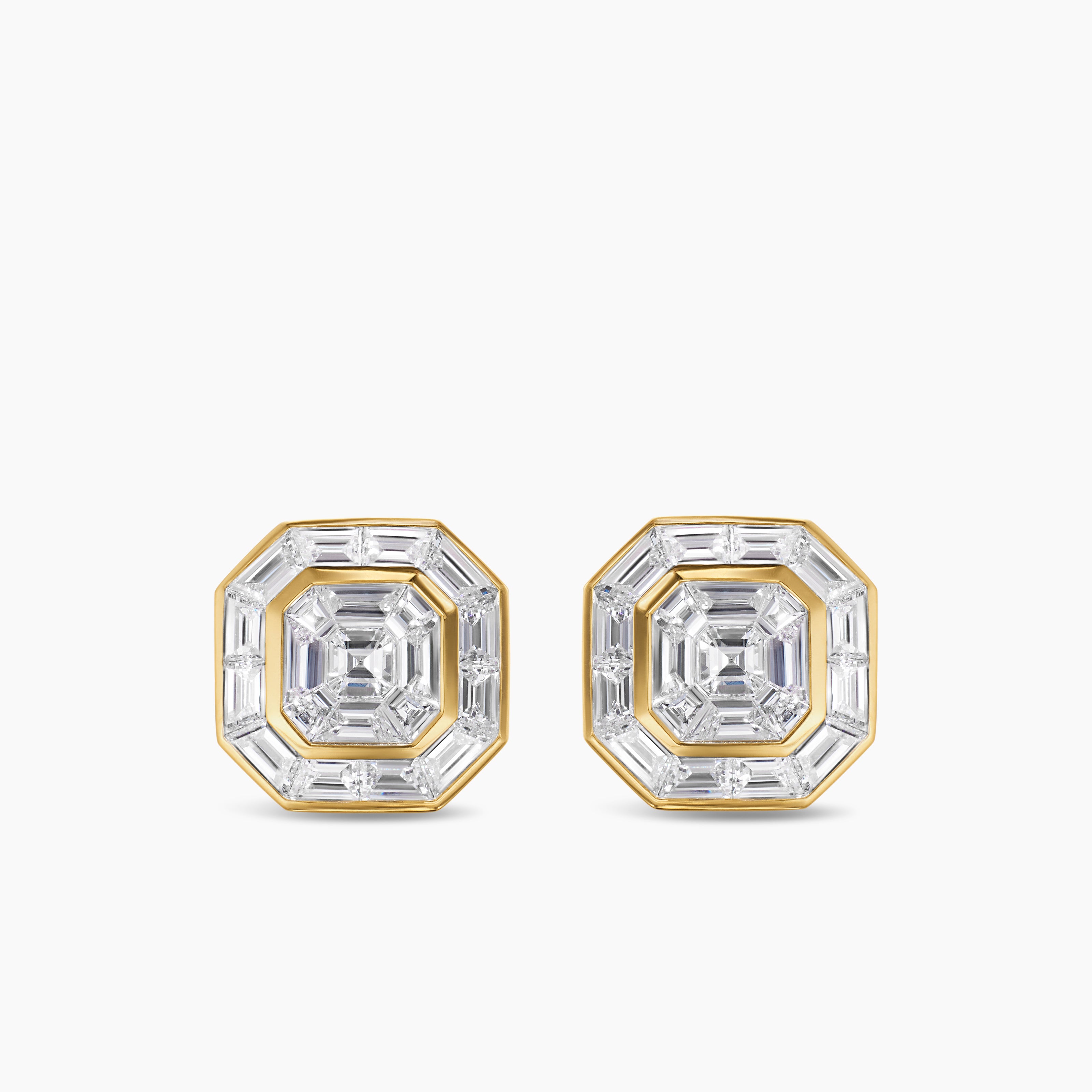 Mens Deco Stud Earrings in Yellow Gold with Diamonds