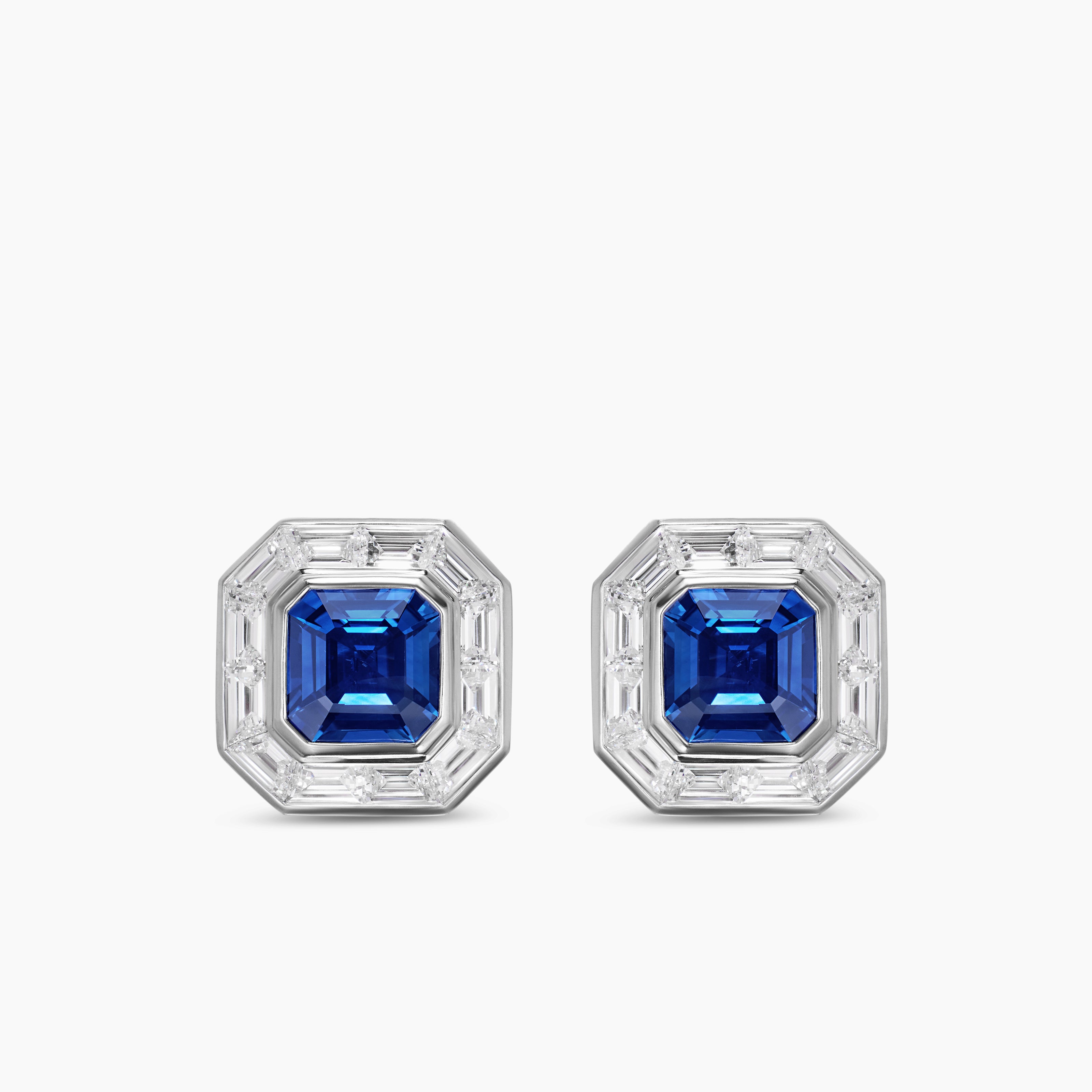 Mens Deco Stud Earrings in Platinum with Sapphires and Diamonds