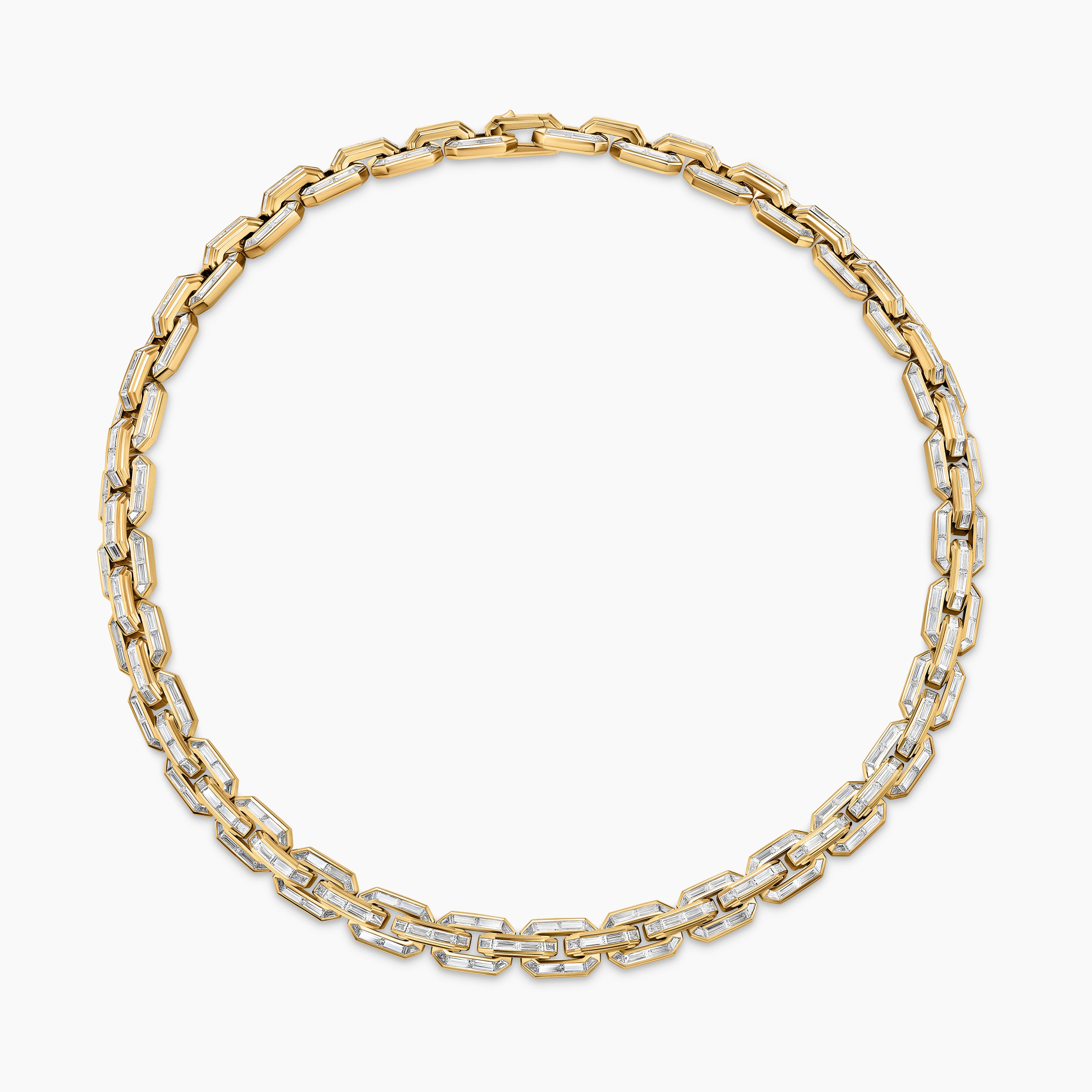 Mens Deco Baguette Link Necklace in Yellow Gold with Diamonds