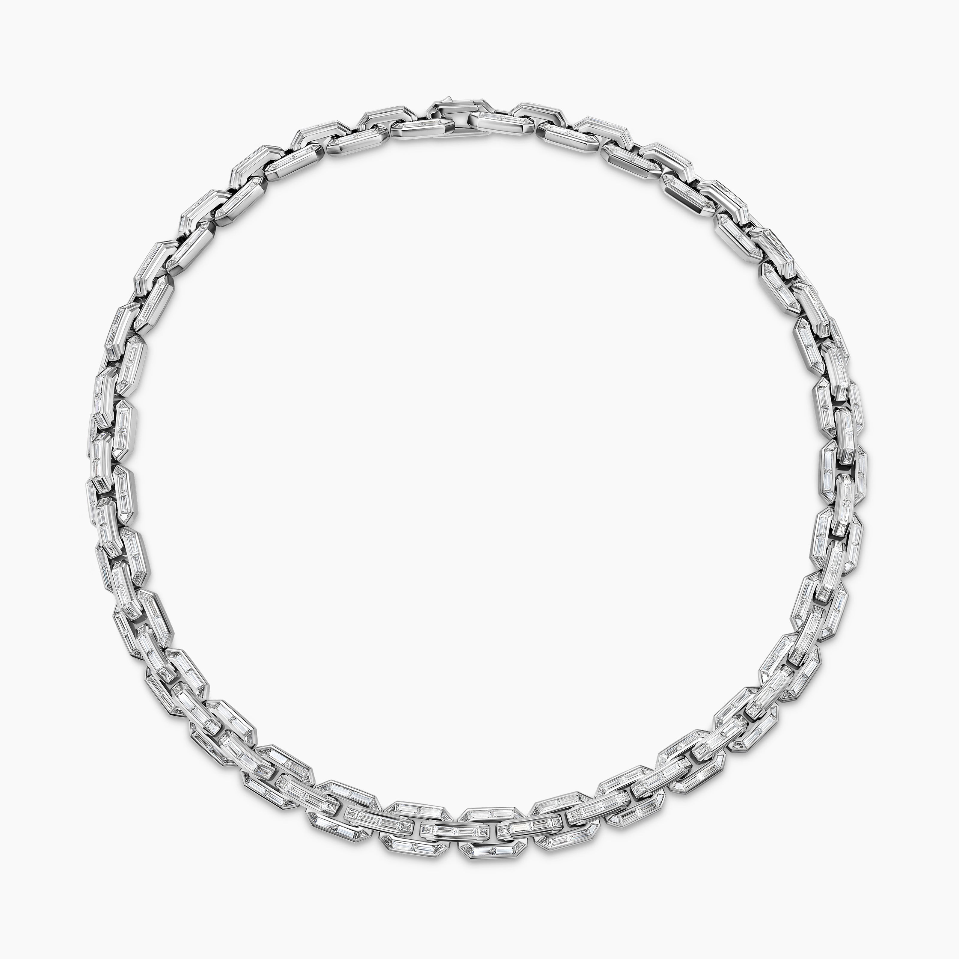 Mens Deco Baguette Link Necklace in Platinum with Diamonds