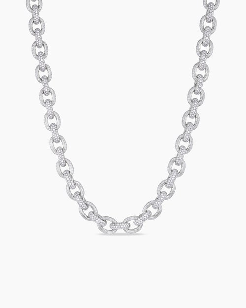 Mens Pavé Oval Link Necklace in White Gold