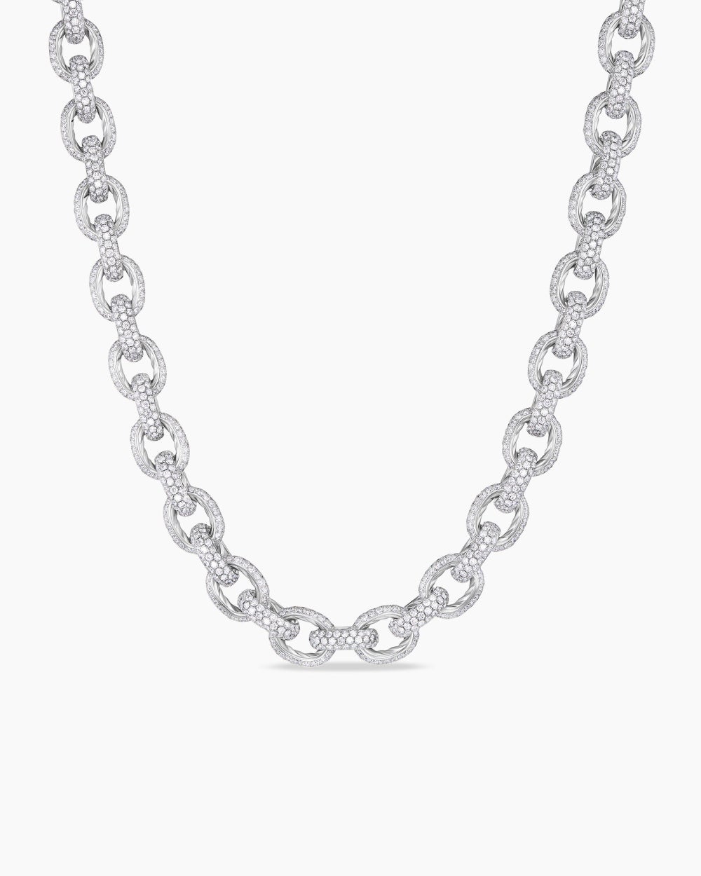 Mens Pavé Oval Link Necklace in White Gold with Diamonds