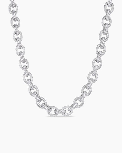 Mens Pavé Oval Link Necklace in White Gold with Diamonds