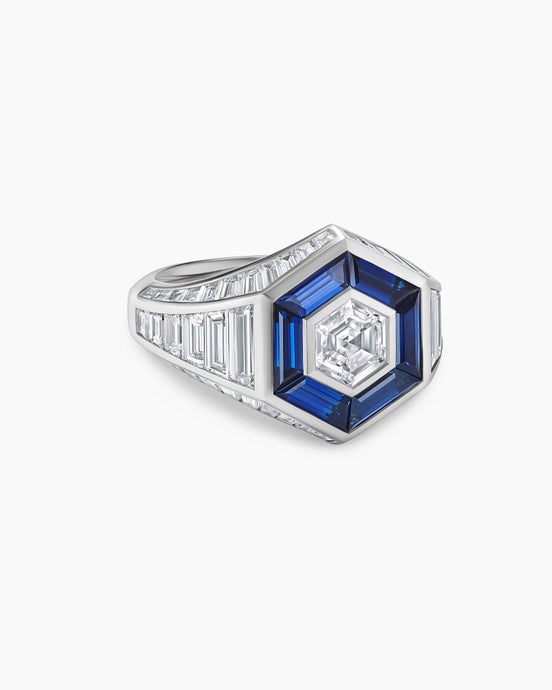 Deco Signet Ring in Platinum with Diamonds and Sapphires