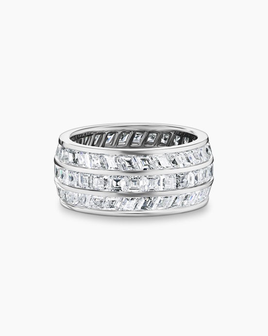 Anneau trois rangs Deco en platine avec diamants taille baguette