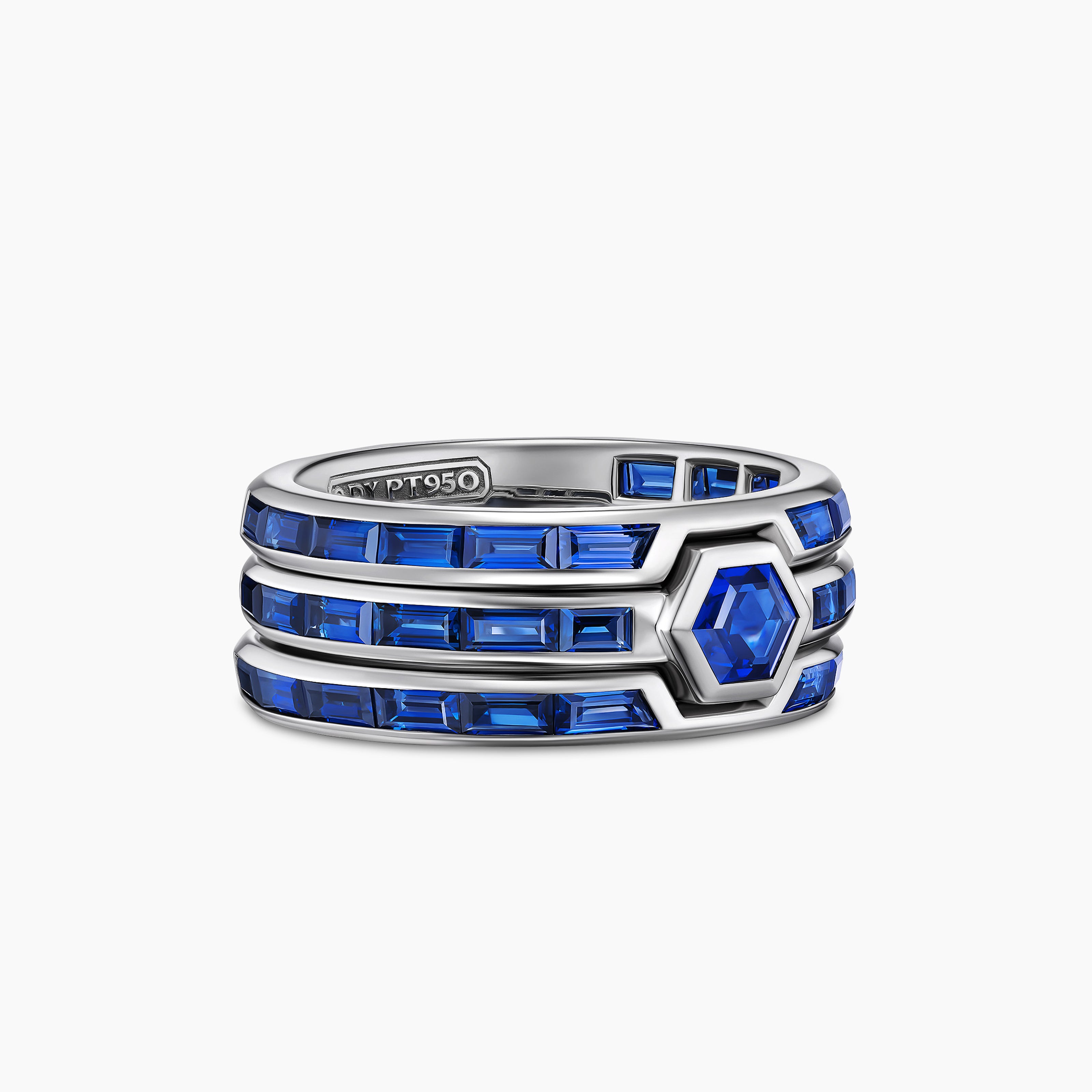 Mens Hex Stack Ring in Platinum with Sapphires