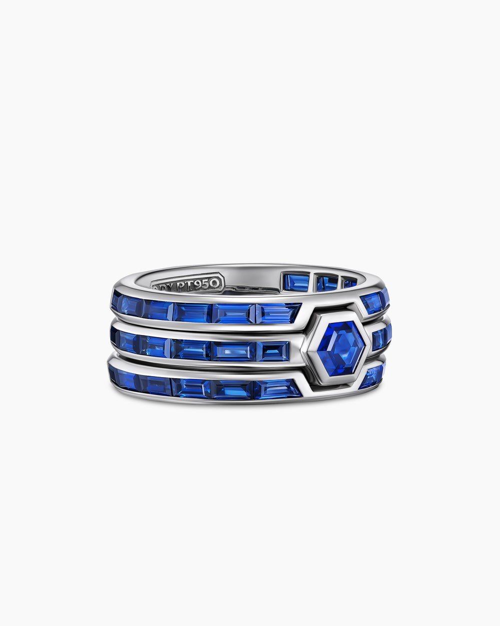 Mens Hex Stack Ring in Platinum with Sapphires