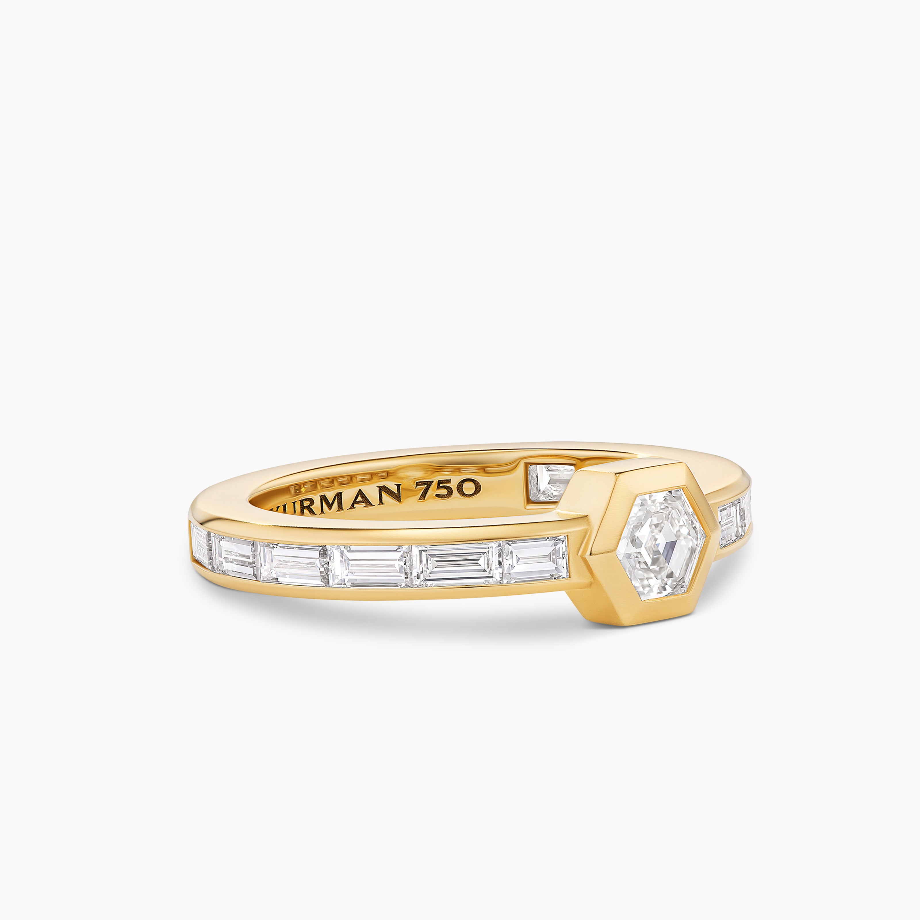 Mens Hex Band Single Stack Ring in Yellow Gold with Diamonds