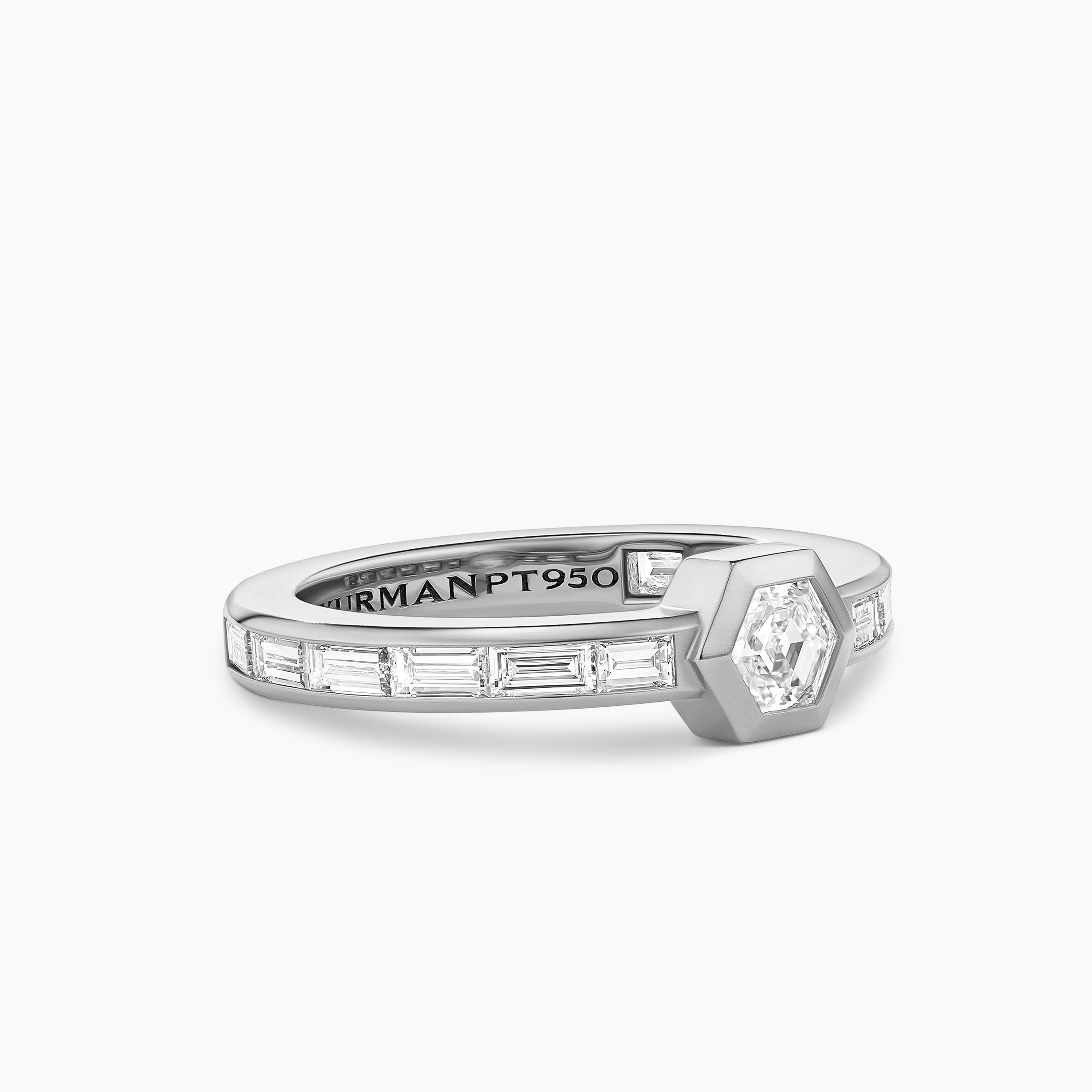 Mens Hex Band Single Stack Ring in Platinum with Diamonds