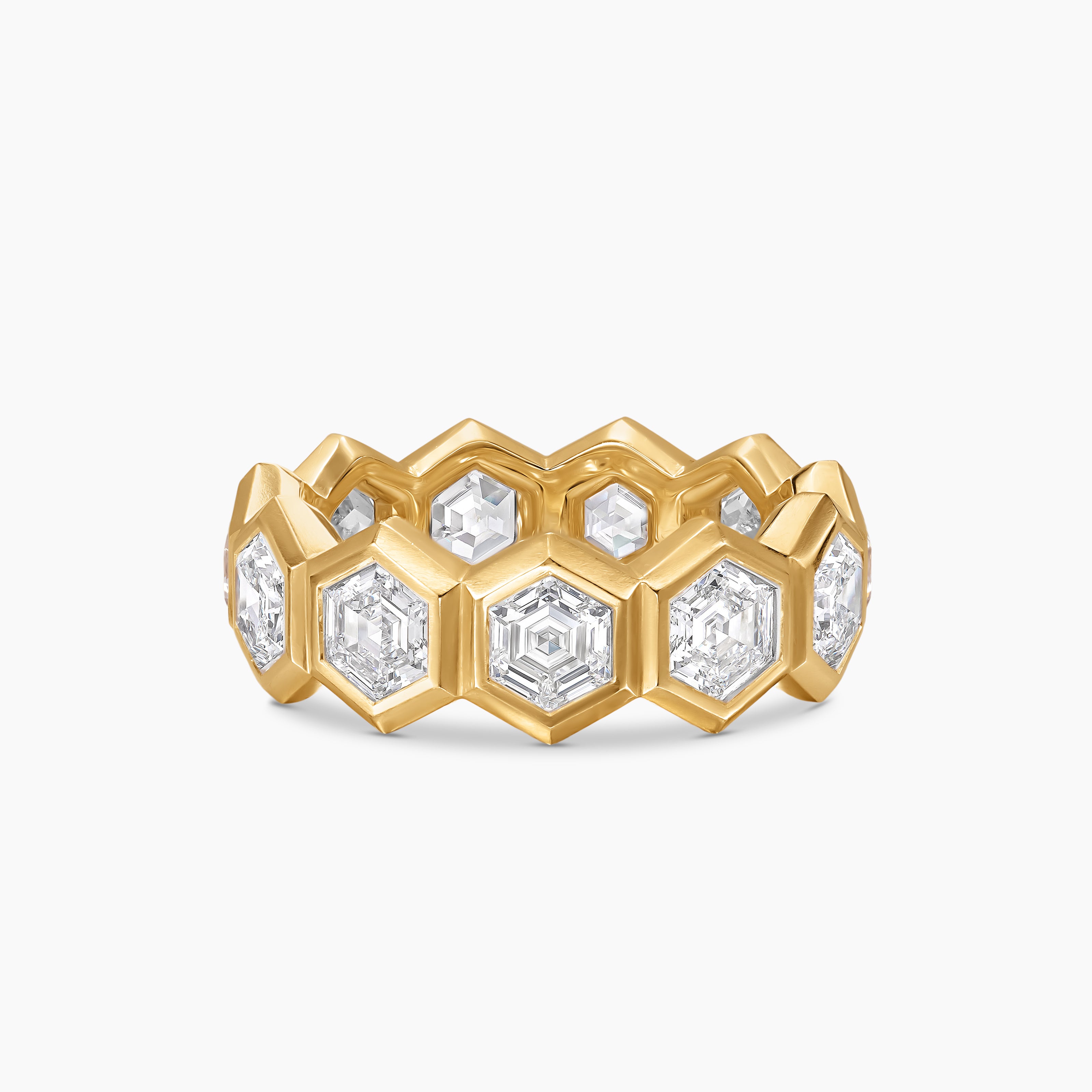 Mens Hex Eternity Band Ring in Yellow Gold with Diamonds