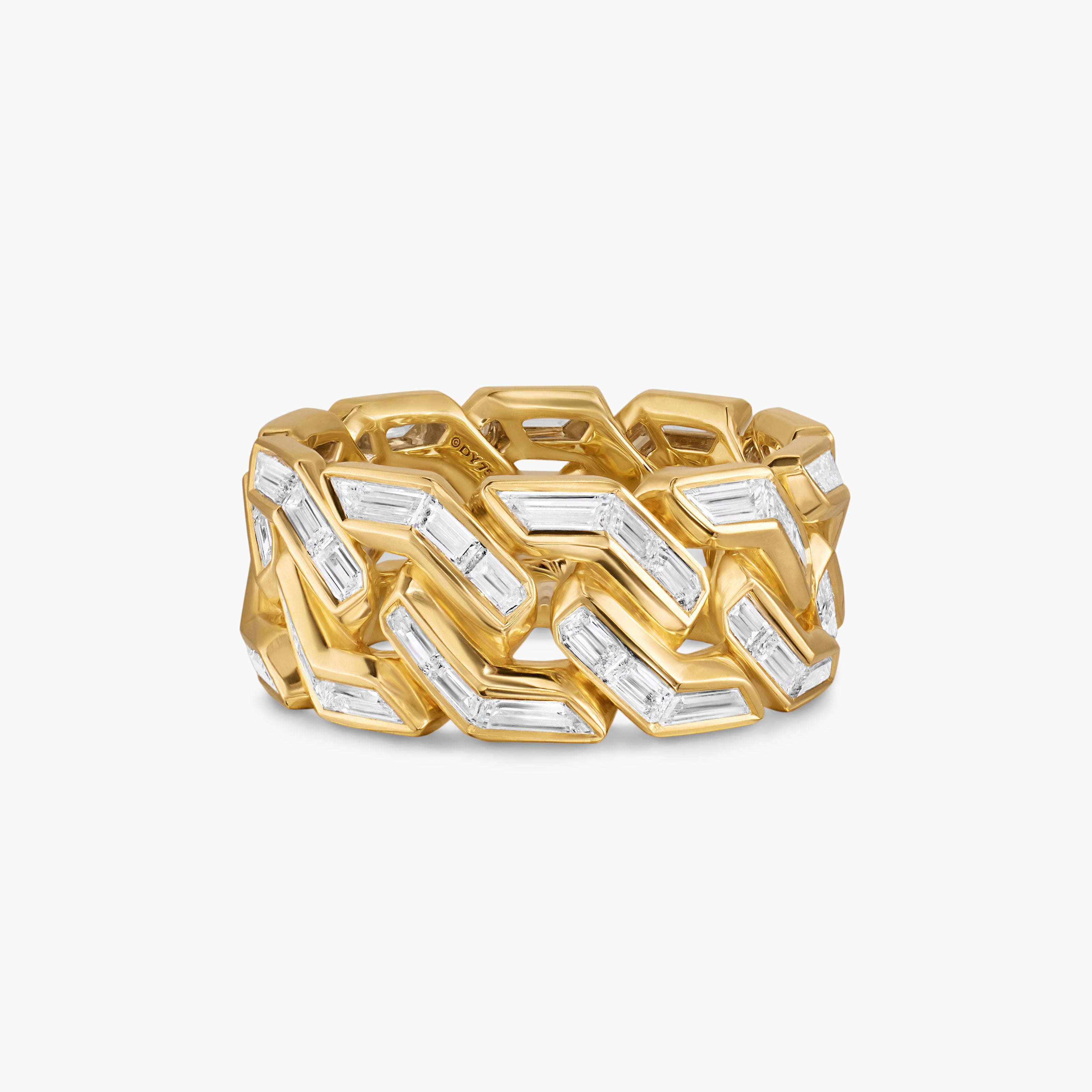Mens Angular Curb Chain Ring in Yellow Gold with Diamonds