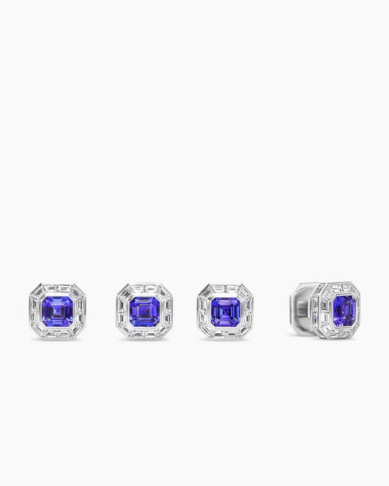Deco Shirt Studs in Platinum with Baguette Diamonds and Tanzanites