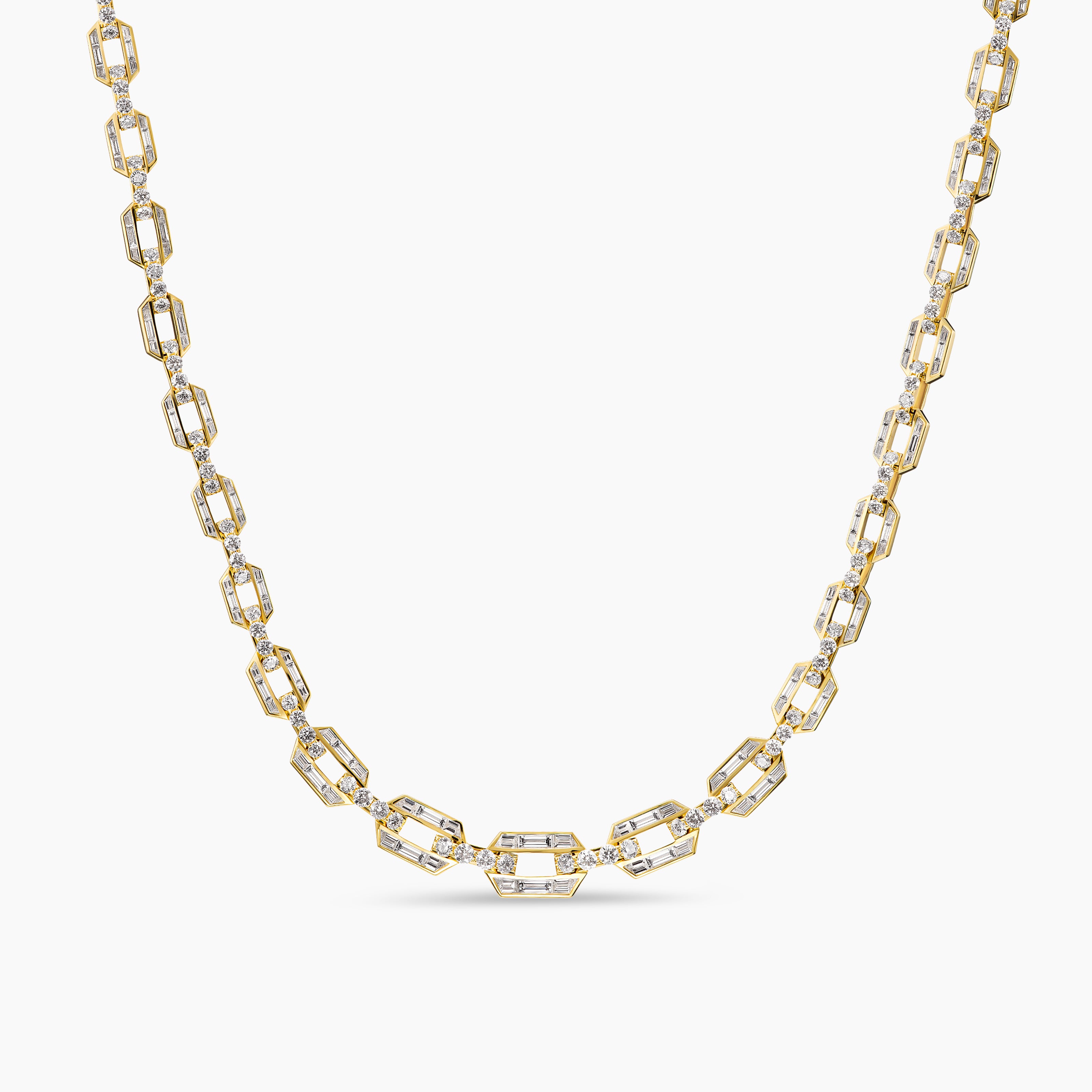 Womens Deco Graduated Chain Link Necklace in Yellow Gold with Diamonds