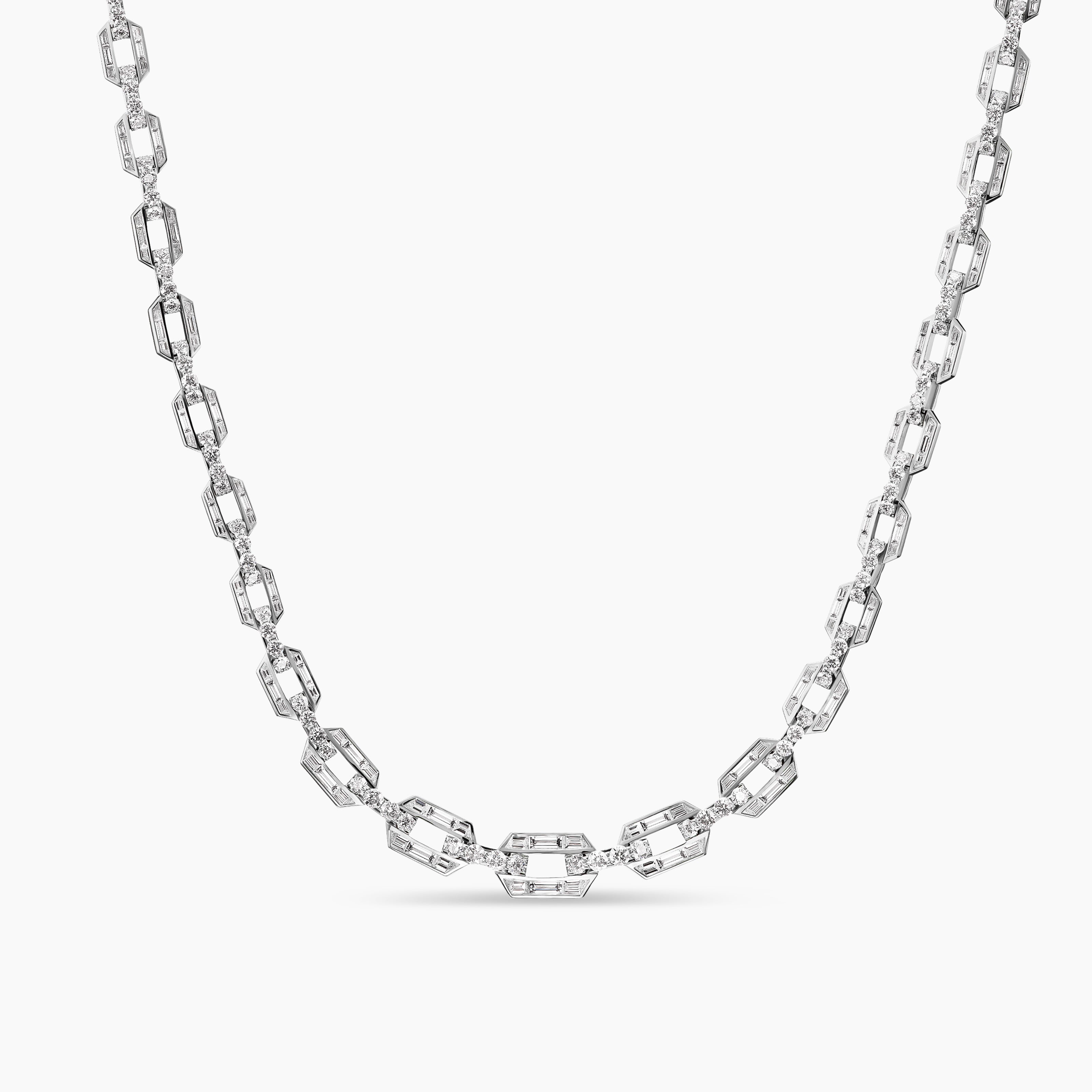 Womens Deco Graduated Chain Link Necklace in White Gold with Diamonds