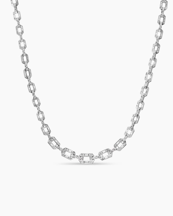 Deco Graduated Chain Link Necklace in White Gold with Diamonds