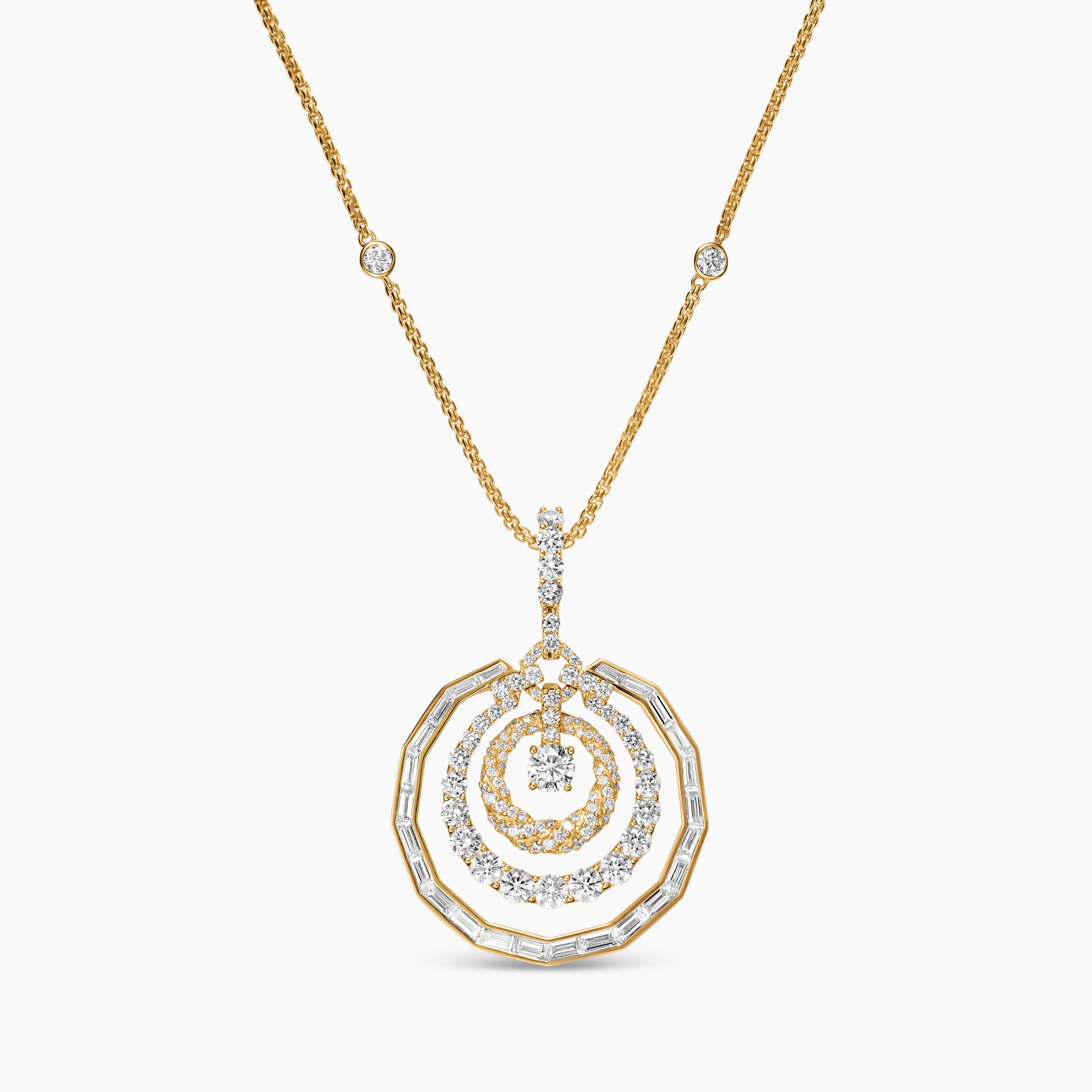 Womens Stax Round Pendant Necklace in Yellow Gold with Diamonds