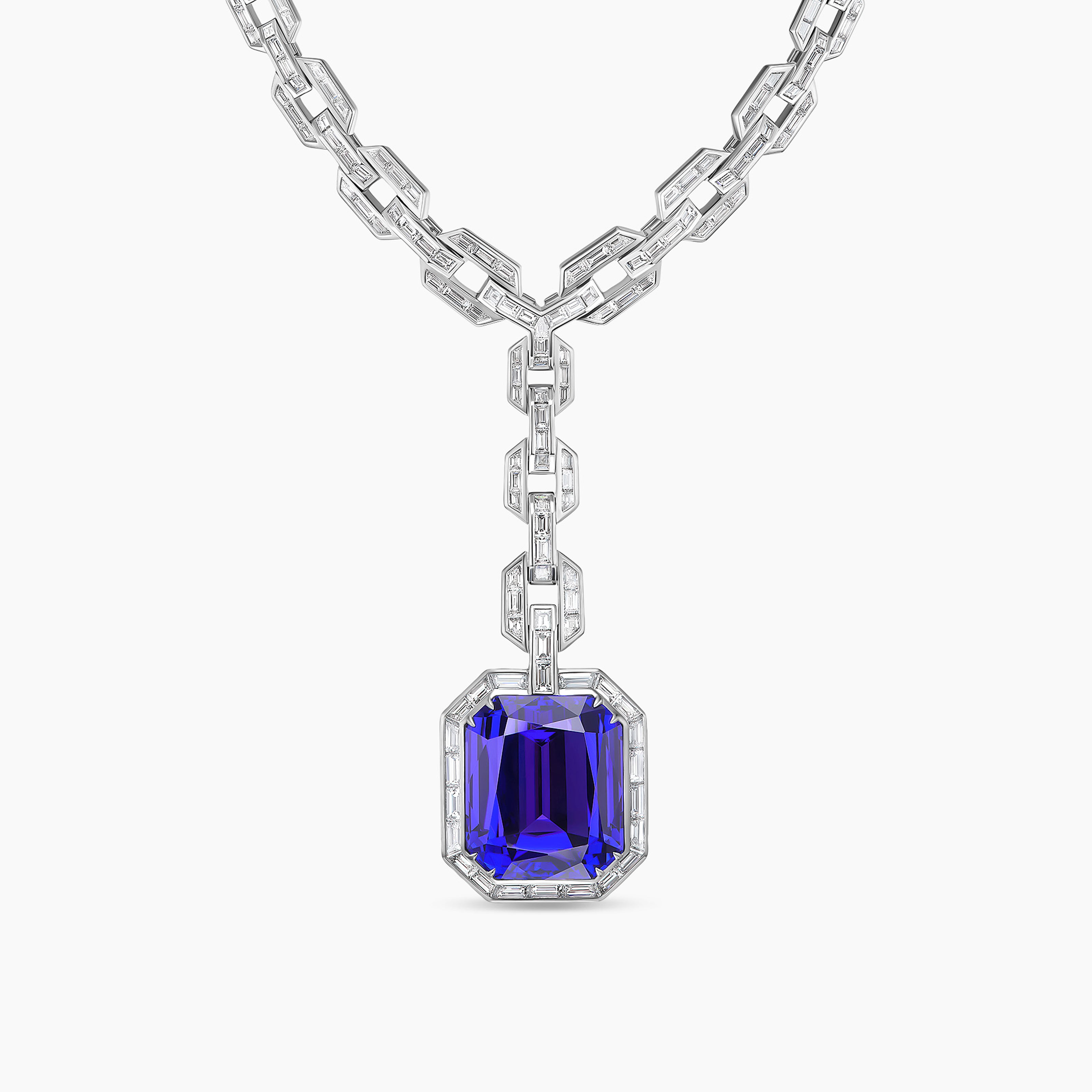 Womens Deco Lariat Tanzanite Chain Link Necklace in White Gold with Diamonds