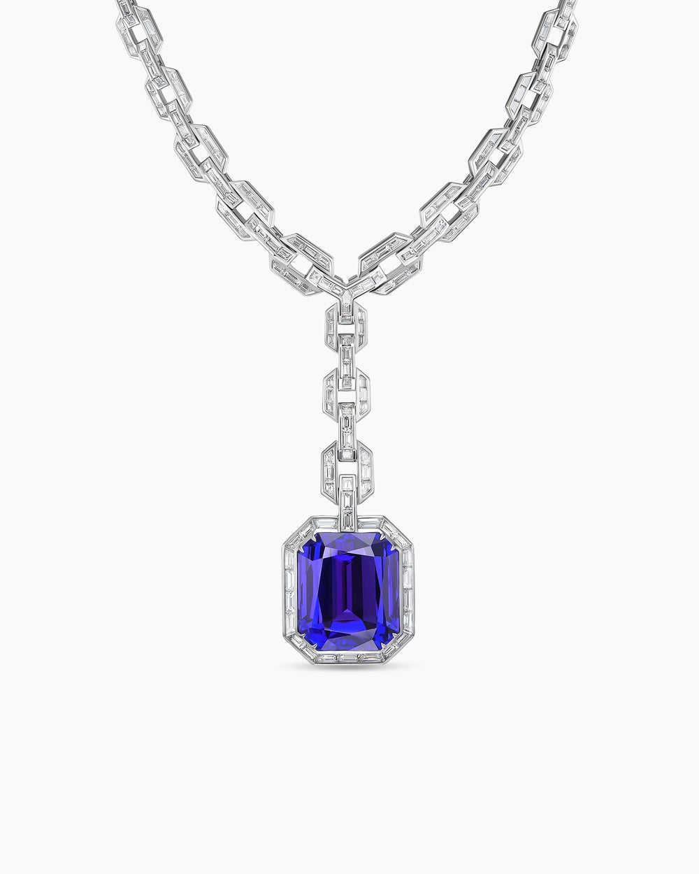 Womens Deco Lariat Tanzanite Chain Link Necklace in White Gold with Diamonds