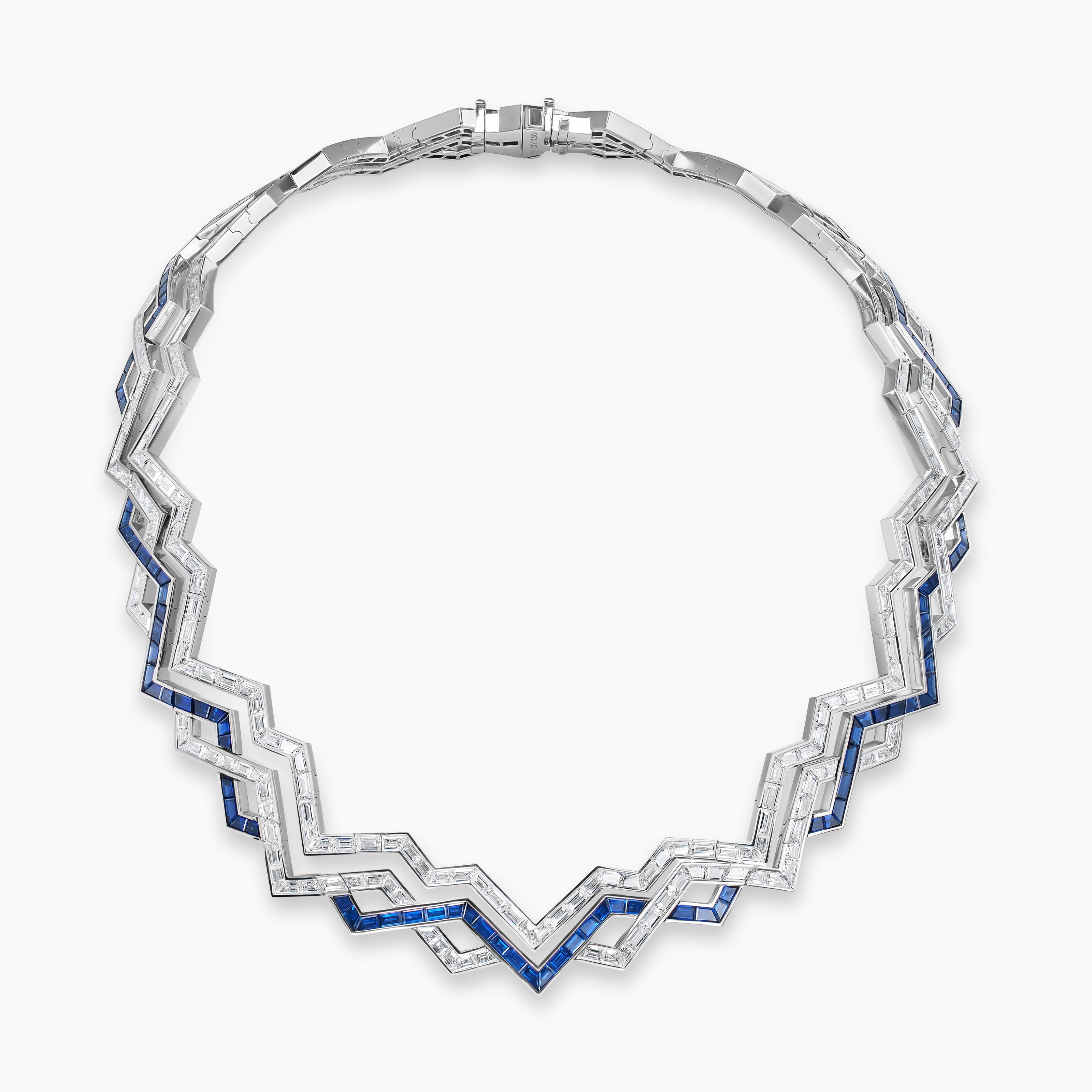 Womens Stax Zig Zag Necklace in White Gold with Sapphires and Diamonds