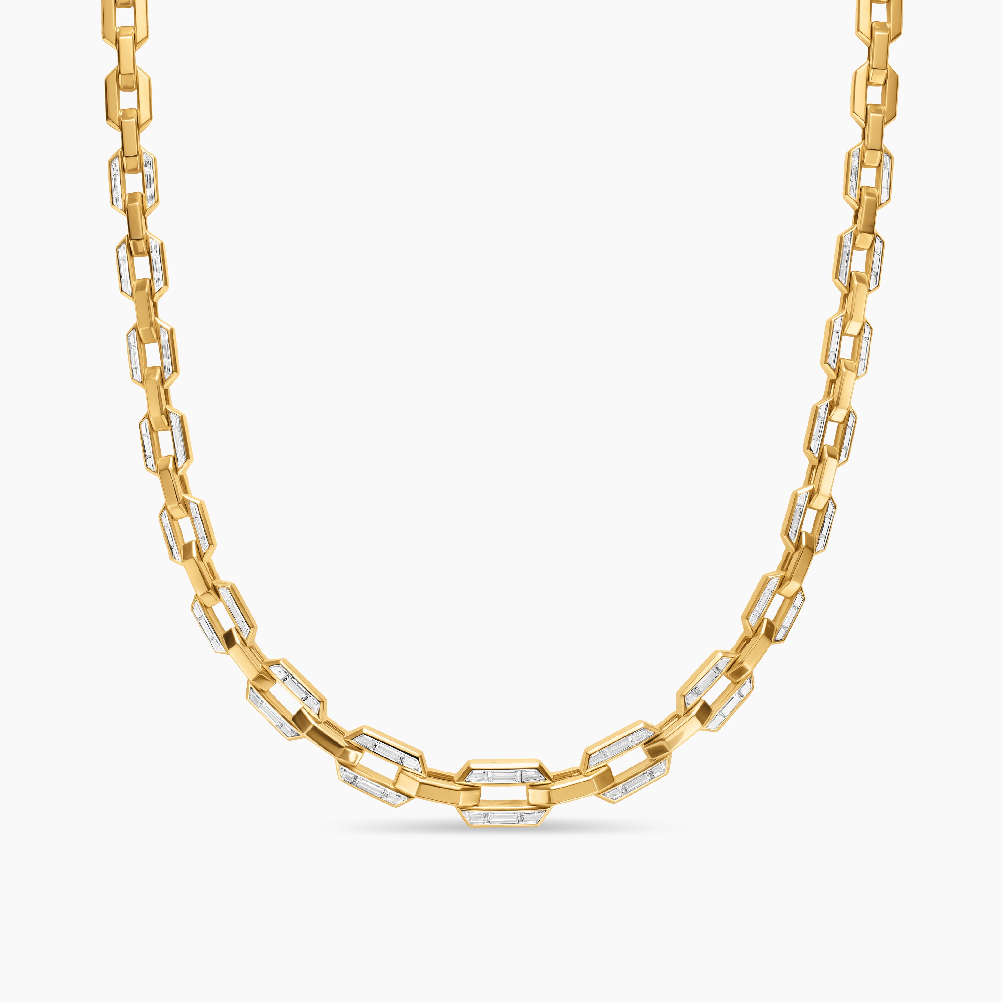 Womens Deco Graduated Chain Link Necklace in Yellow Gold with Diamonds