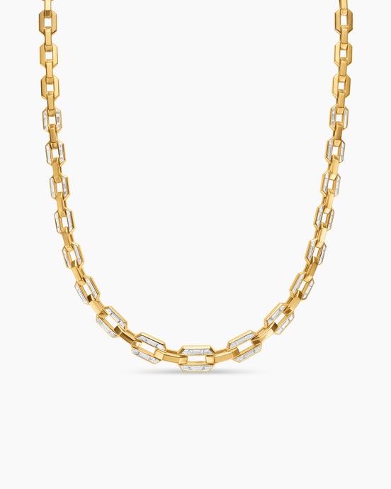 Deco Graduated Chain Link Necklace in Yellow Gold with Diamonds
