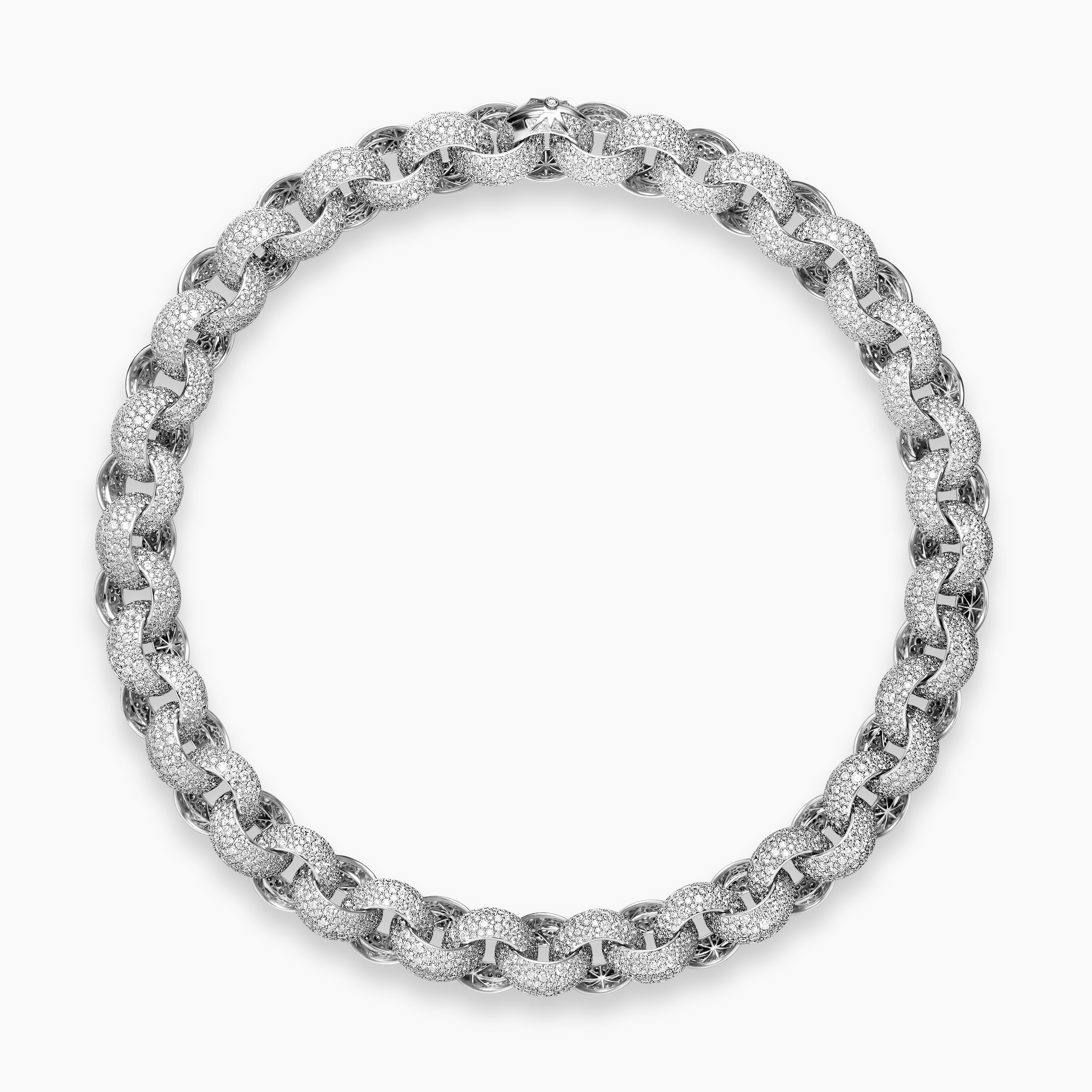 Womens Mosaic Pav&eacute; Round Link Chain Necklace in White Gold