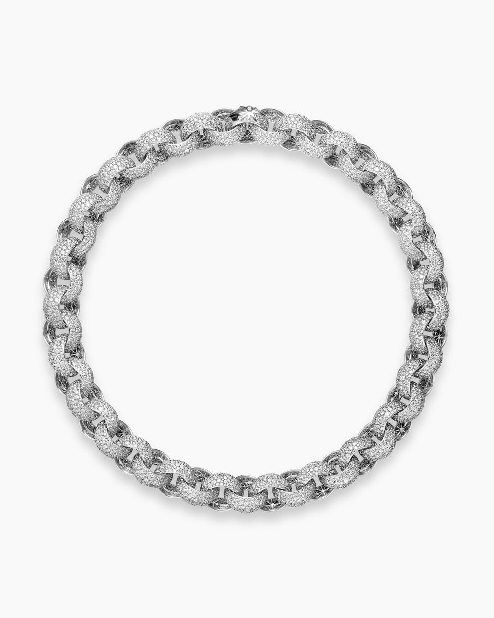 Womens Mosaic Pavé Round Link Chain Necklace in White Gold