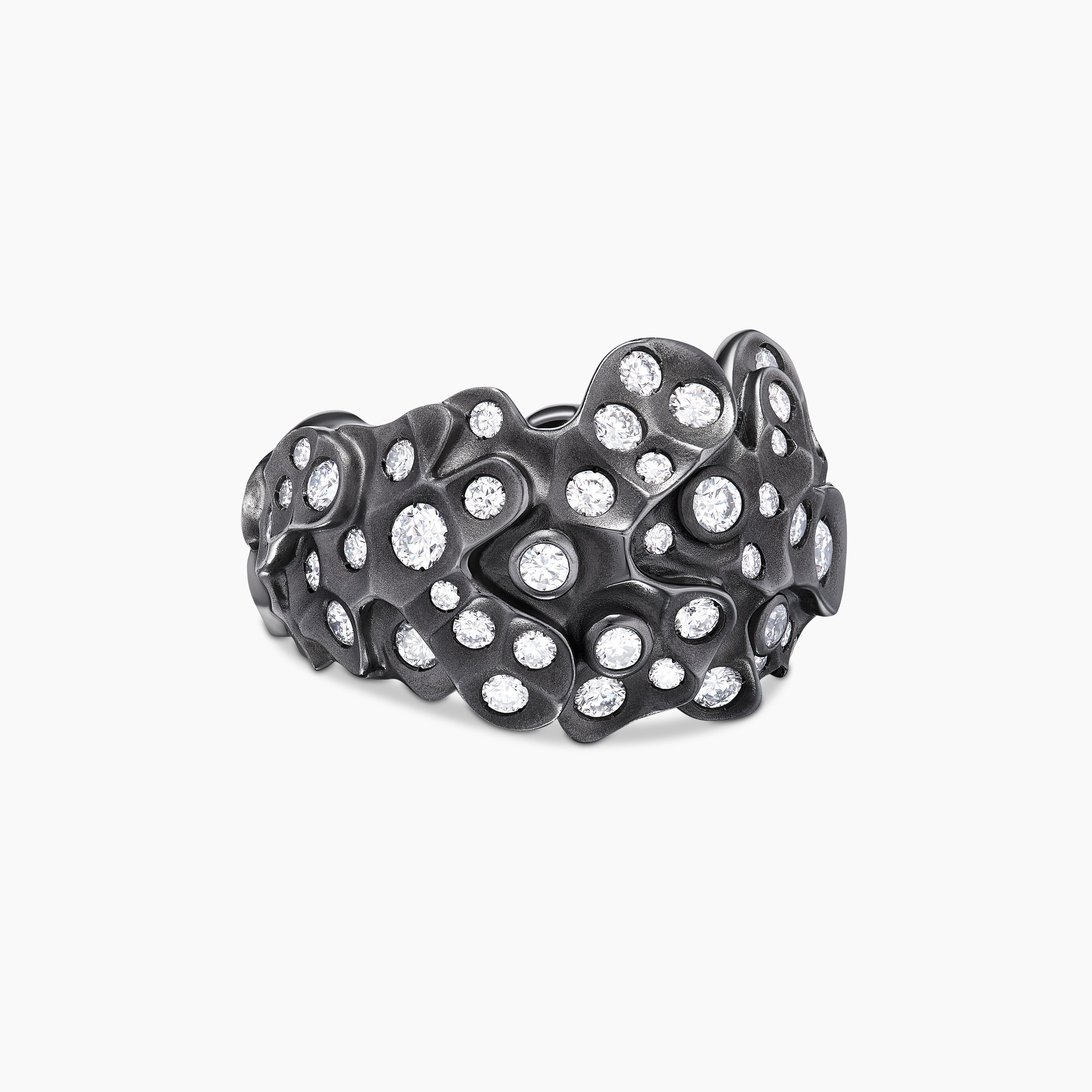 Womens Petals Dome Ring in White Gold with Rhodiated Black and Diamonds