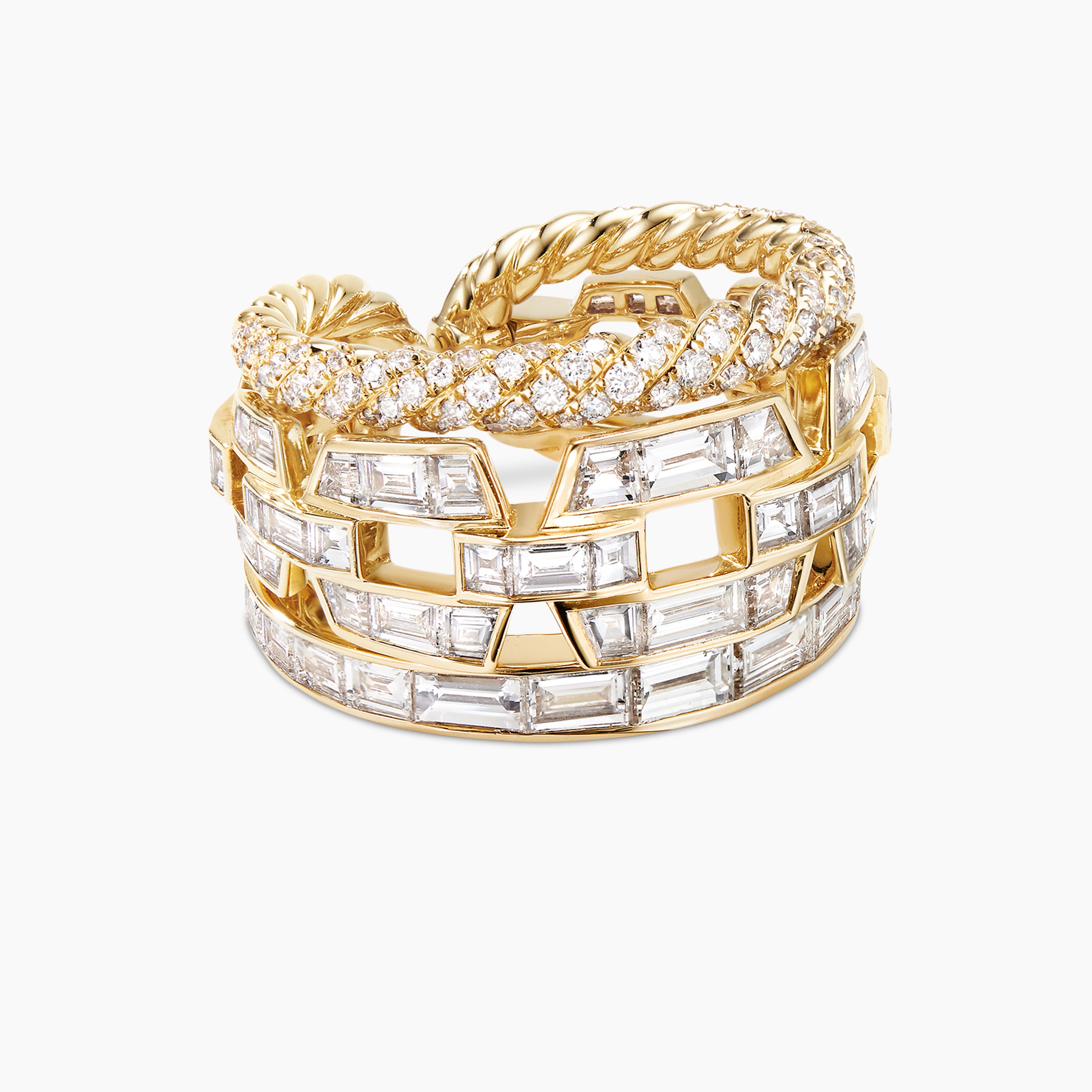 Womens Stax Three Row Ring in Yellow Gold with Diamonds