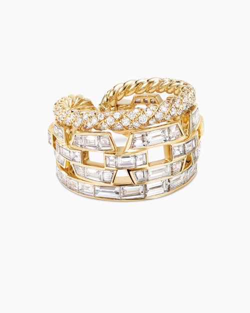 Womens Stax Three Row Ring in Yellow Gold with Diamonds
