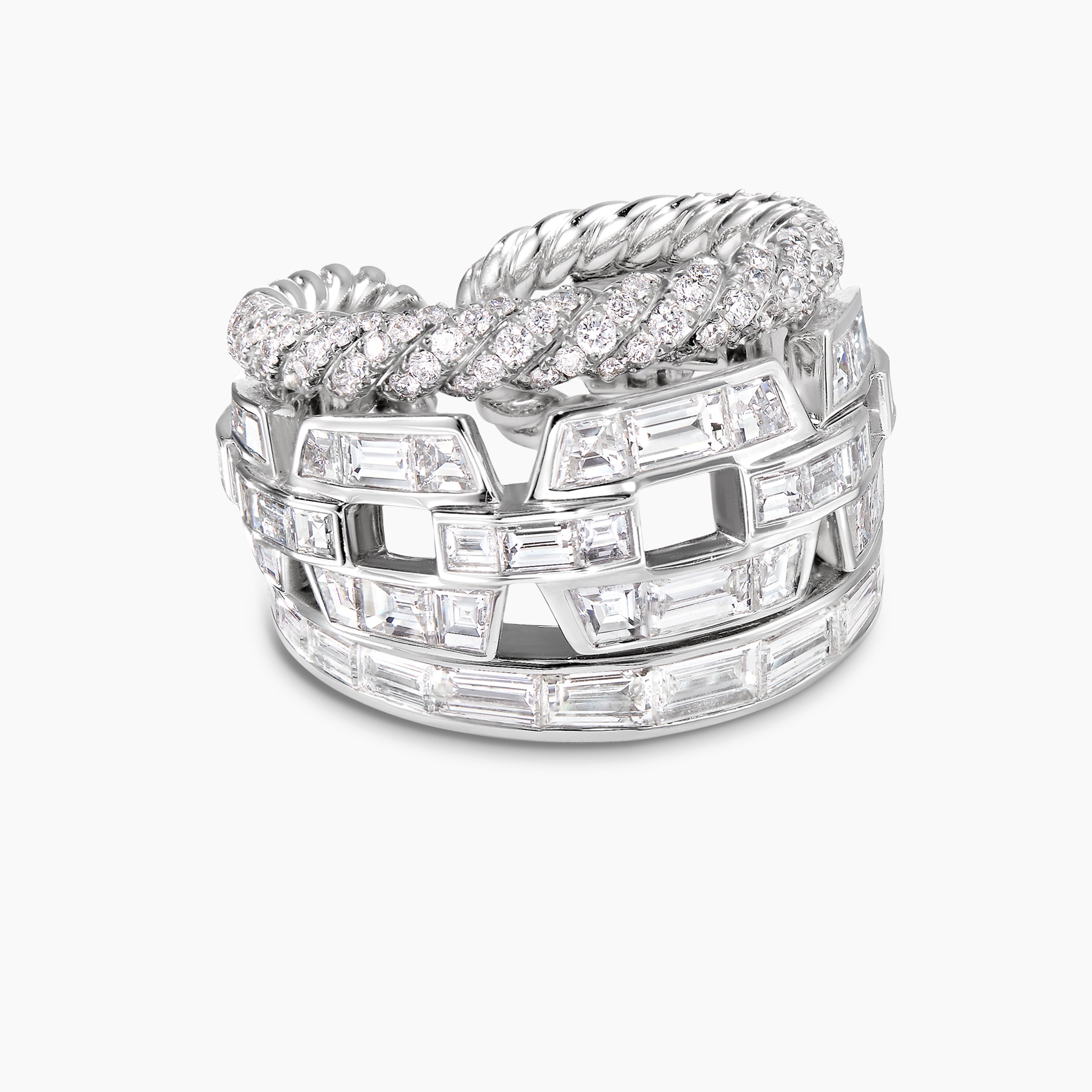 Womens Stax Three Row Ring in White Gold with Diamonds