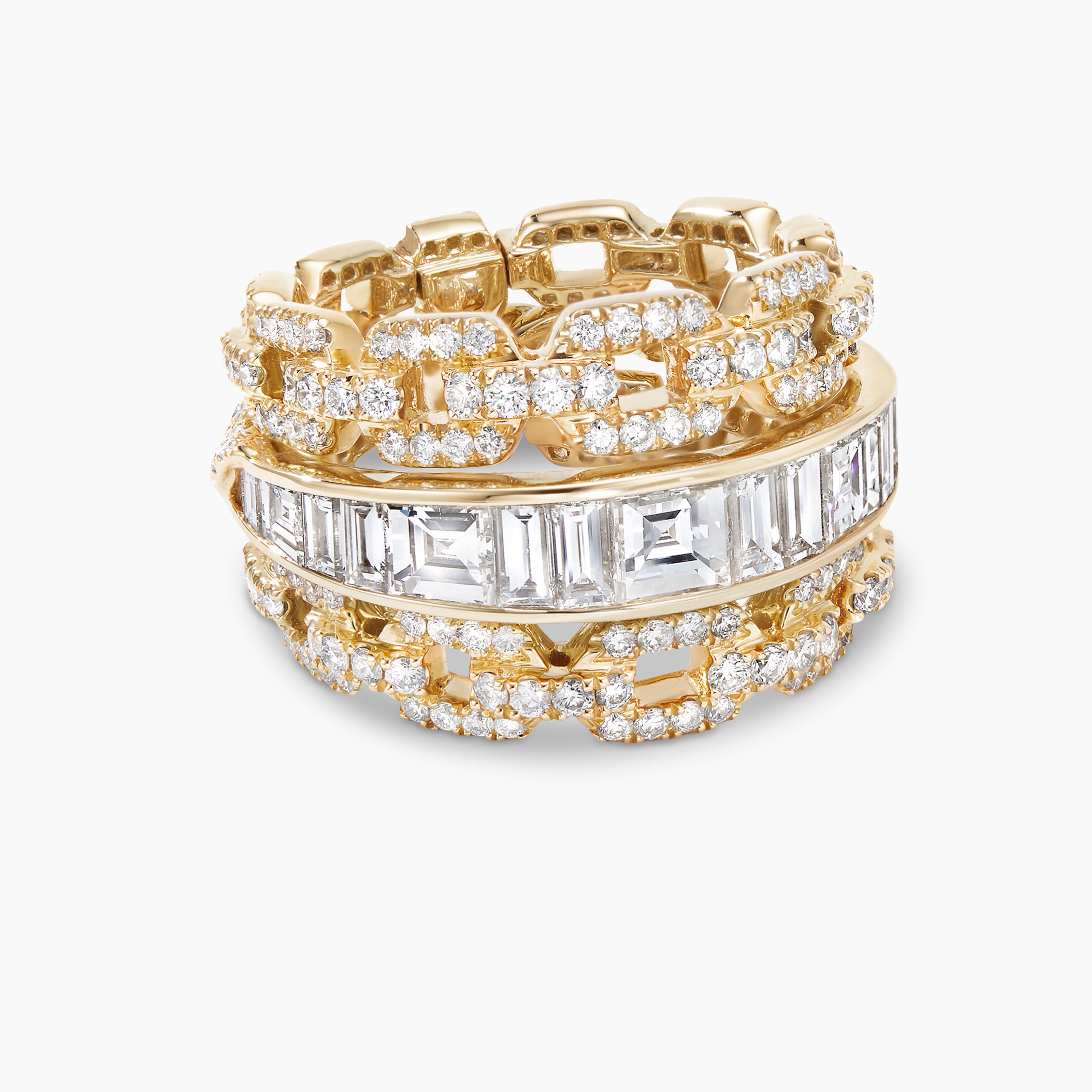 Bague Stax &agrave; trois rangs en or jaune avec diamants femme 