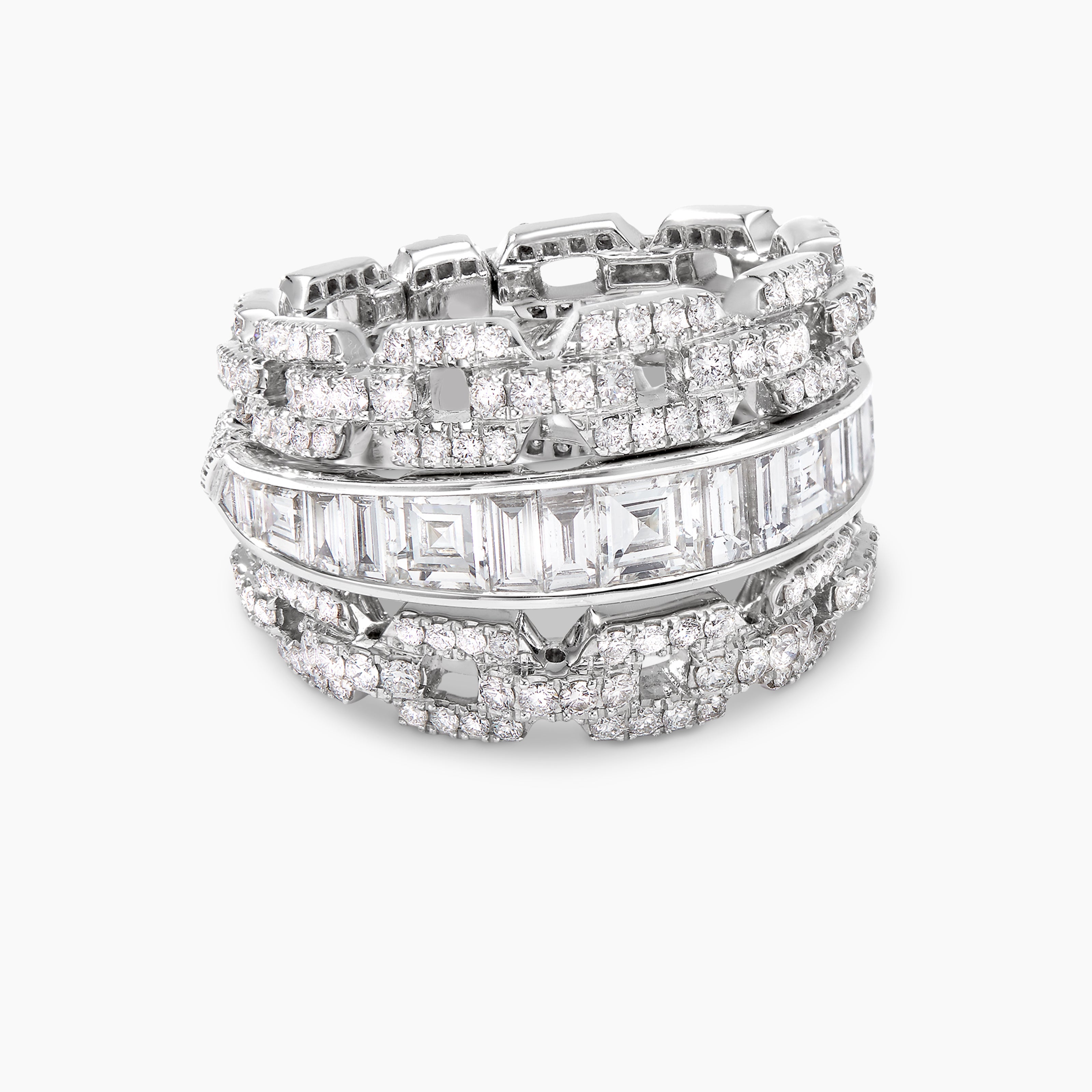 Womens Stax Three Row Ring in White Gold with Diamonds