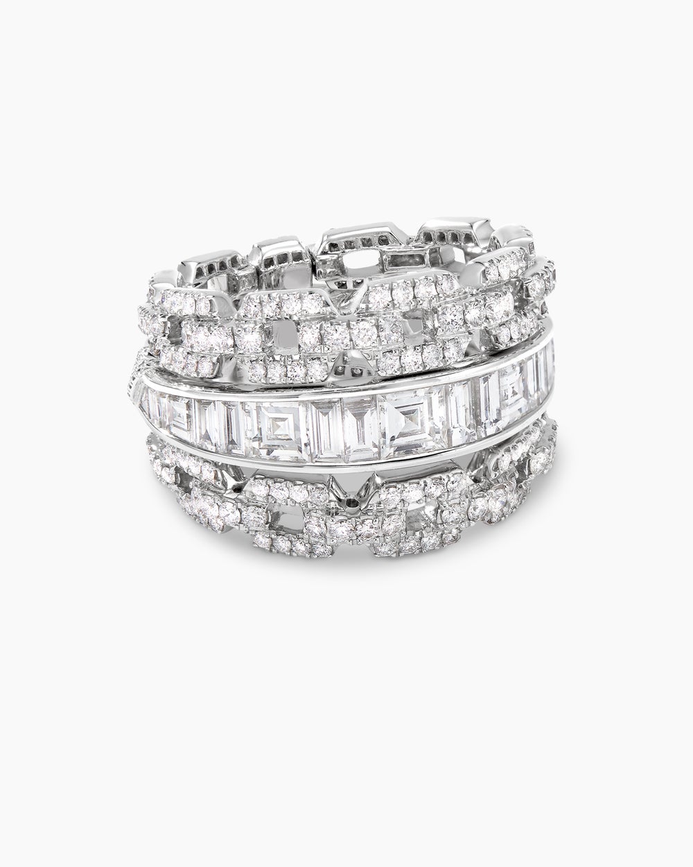 Womens Stax Three Row Ring in White Gold with Diamonds