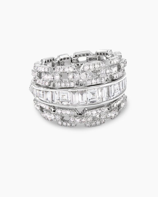 Stax Three Row Ring in White Gold with Diamonds