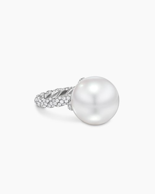 Bague torsadée classique à perle DY Lumina en or blanc avec diamants femmes
