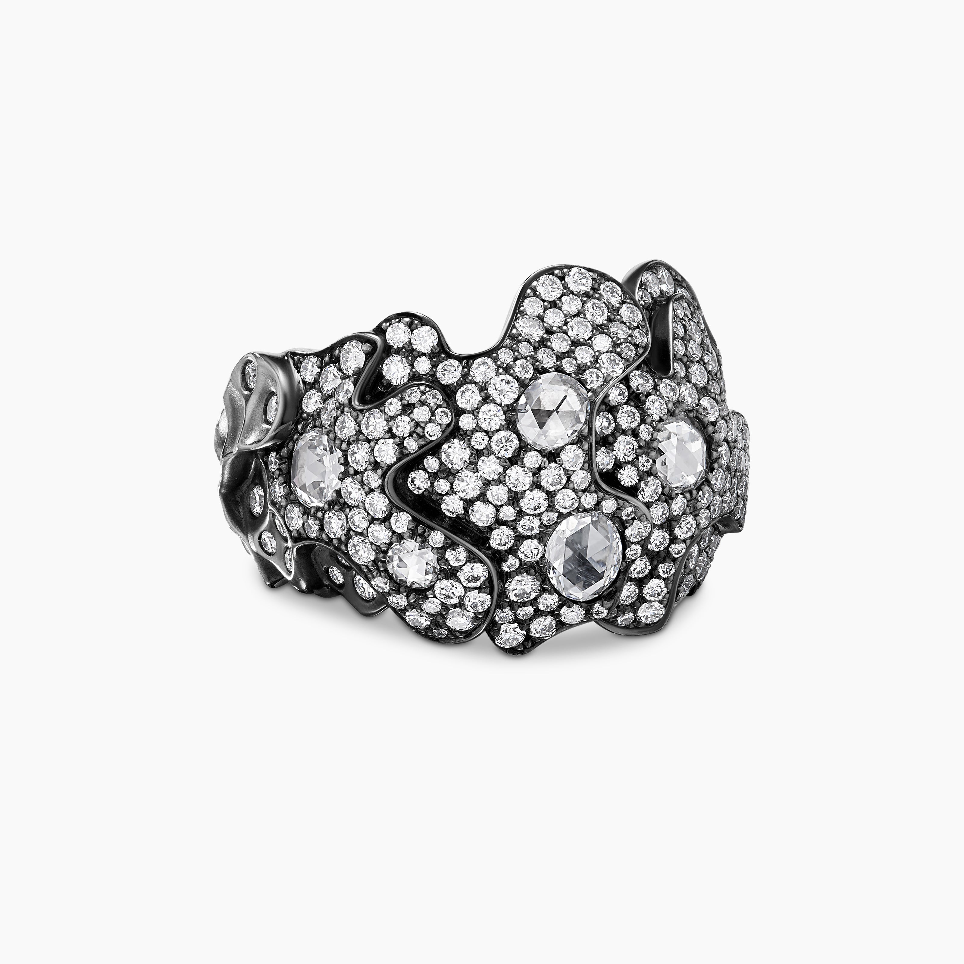 Womens Petals Band Ring in White Gold with Rhodiated Black and Diamonds
