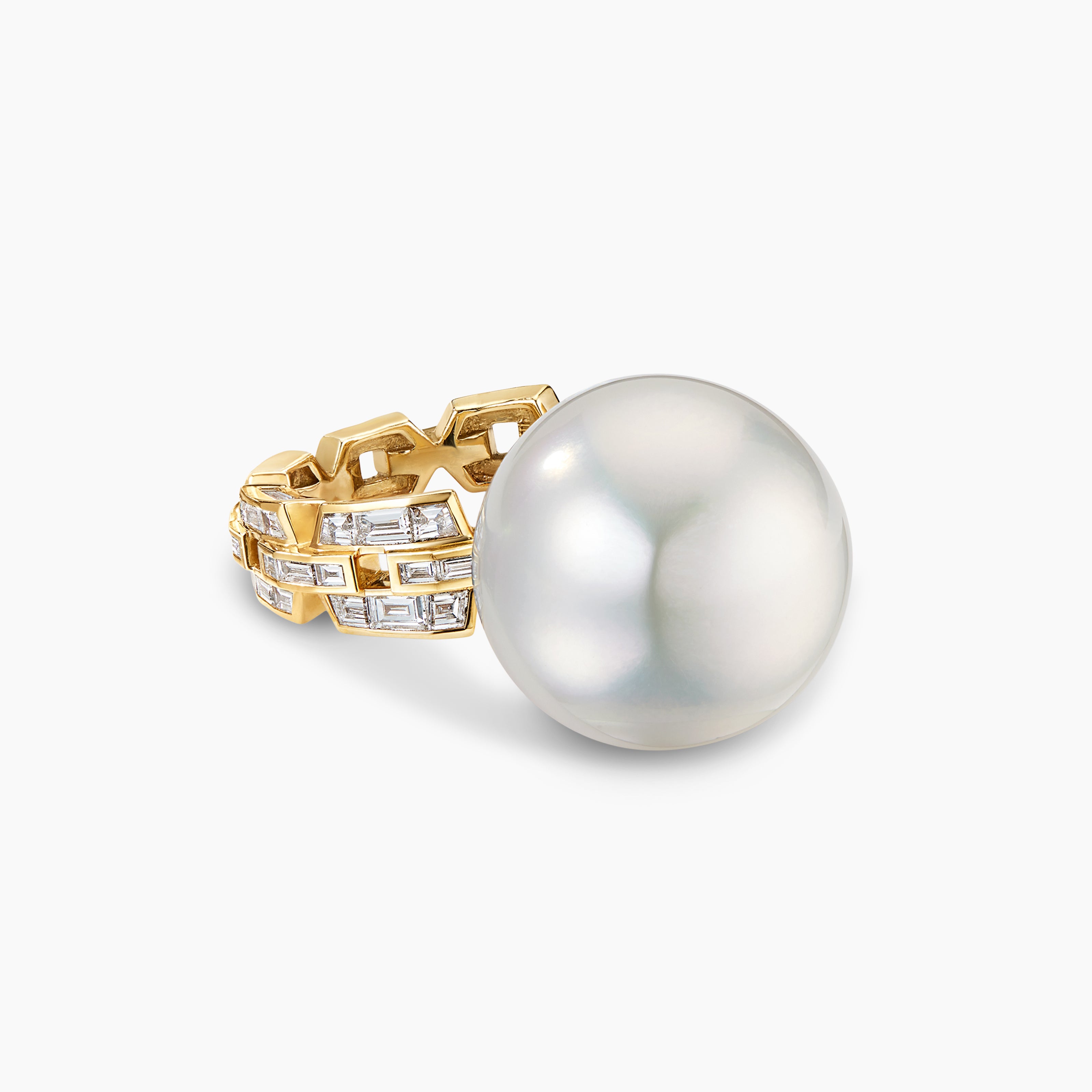 Womens Deco South Sea White Pearl Link Ring in Yellow Gold with Diamonds