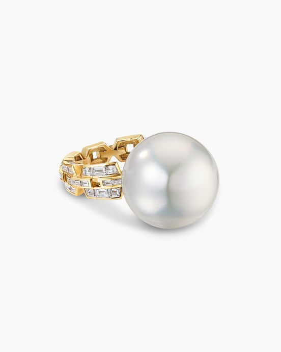Deco South Sea White Pearl Link Ring in Yellow Gold with Diamonds