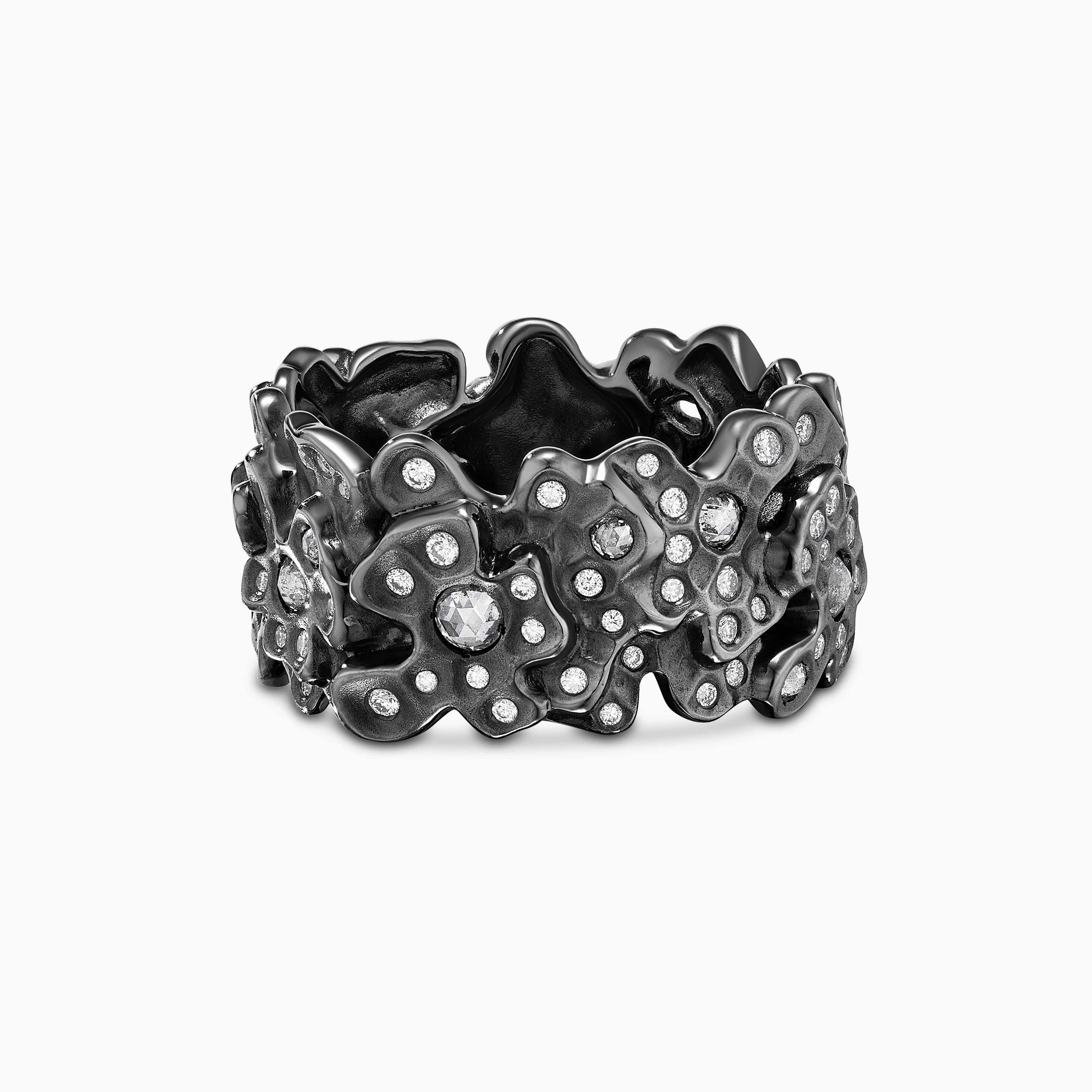 Womens Petals Band Ring in White Gold with Rhodiated Black and Diamonds