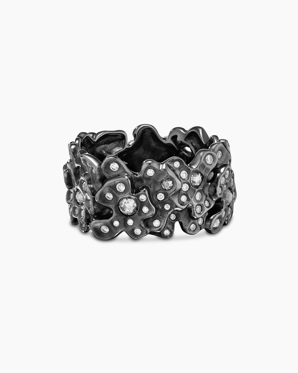Womens Petals Band Ring in White Gold with Rhodiated Black and Diamonds