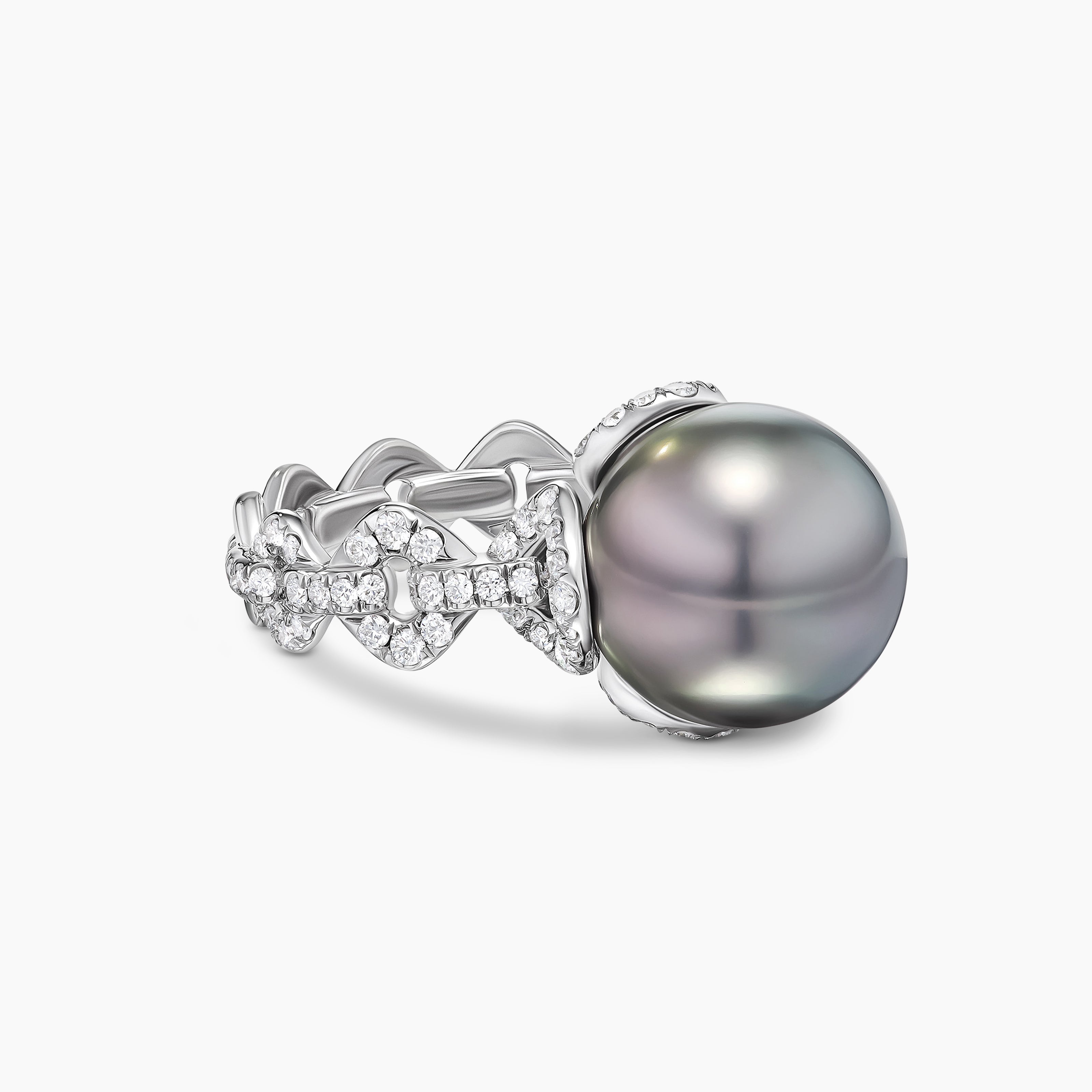 Womens DY Lumina Tahitian Grey Pearl Pav&eacute; Chain Ring in White Gold with Diamonds