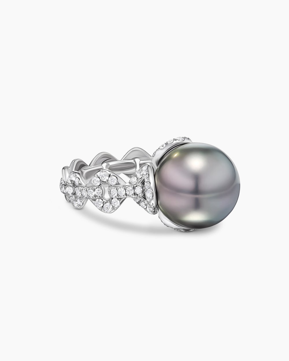 Womens DY Lumina Tahitian Grey Pearl Pavé Chain Ring in White Gold with Diamonds