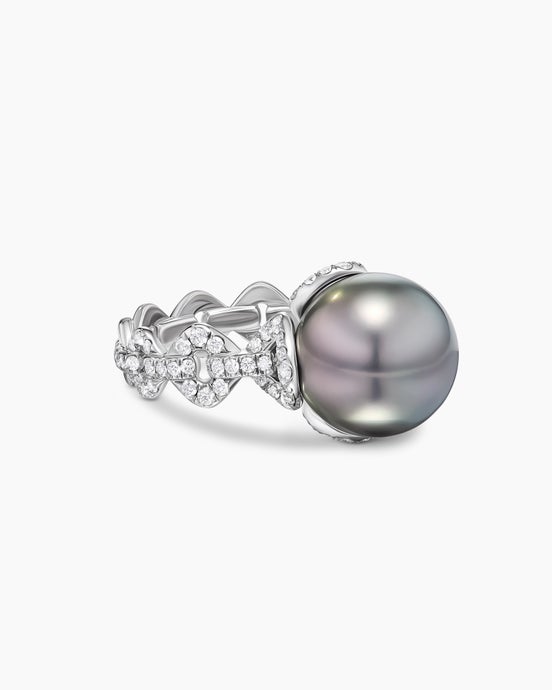 DY Lumina Tahitian Grey Pearl Pavé Chain Ring in White Gold with Diamonds